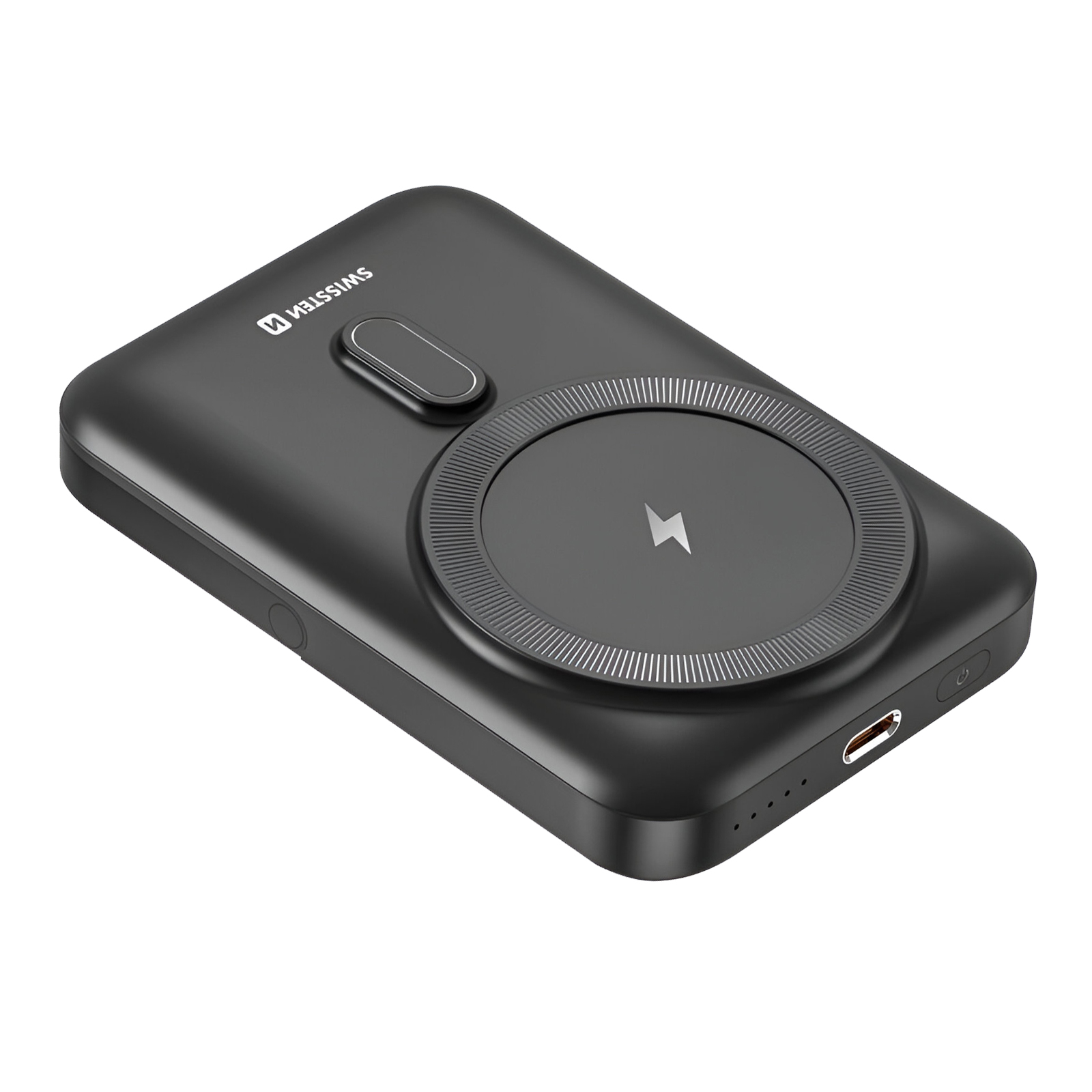 Schwarze Powerbank mit Ladepad auf weißem Untergrund.