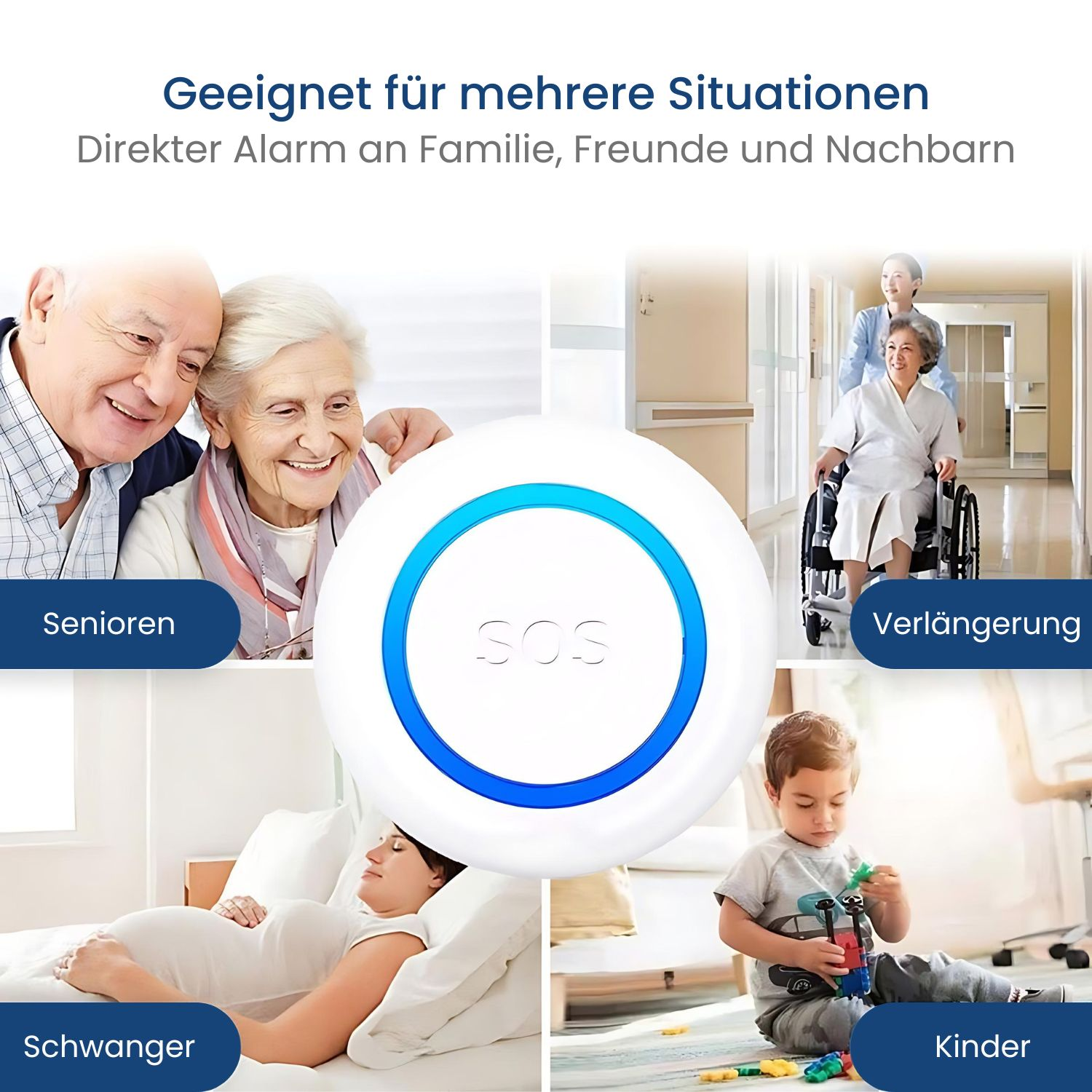 Ein weißes SOS-Gerät mit Bildern von Menschen in verschiedenen Situationen, ältere Menschen und Kinder.