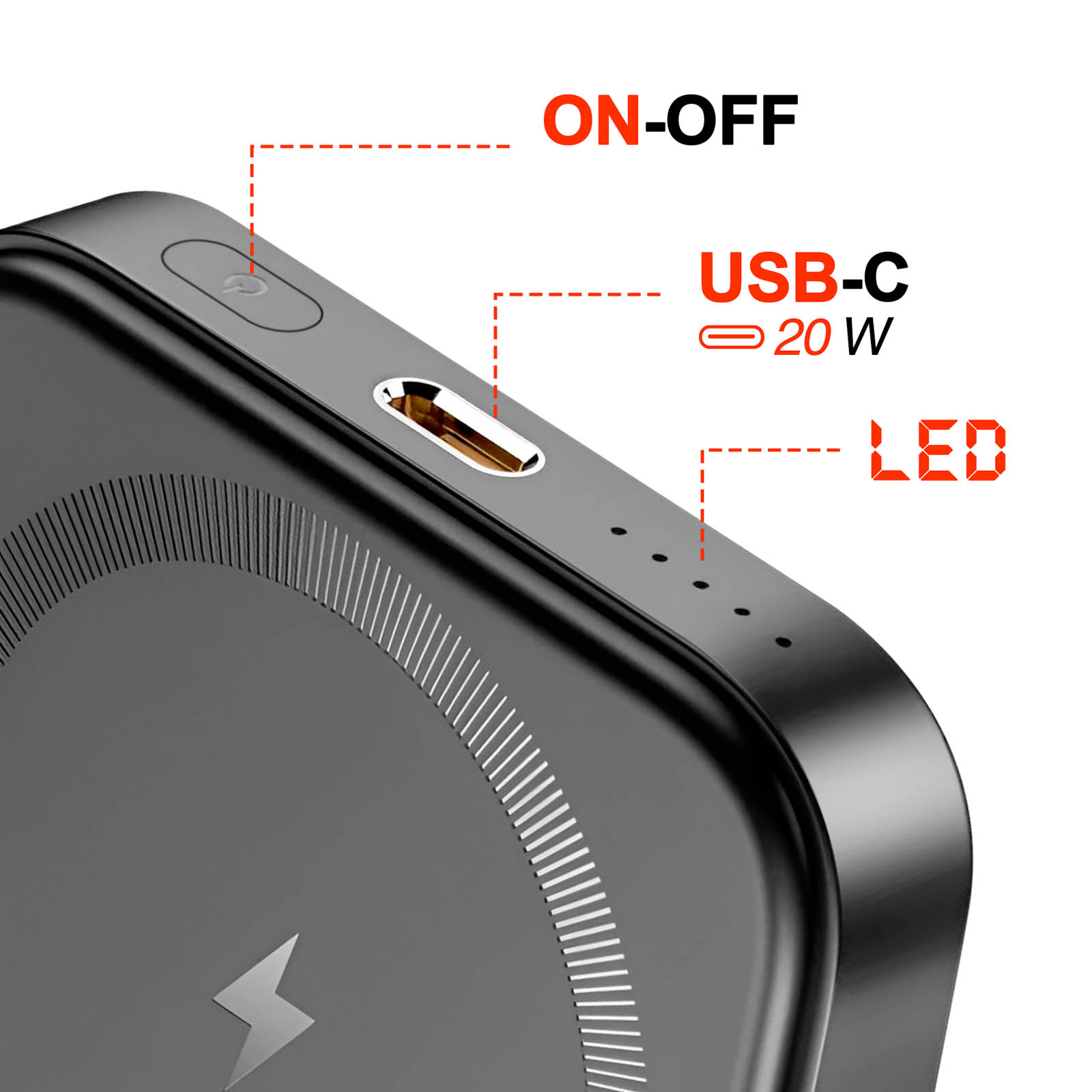 Batterie externe noire avec bouton d'alimentation, port USB-C et indicateurs LED.