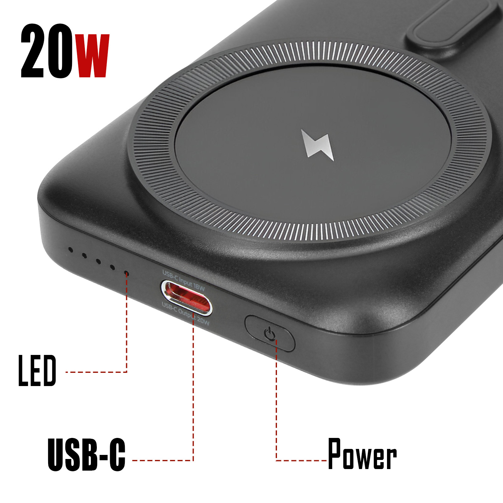 Schwarzes 20W kabelloses Ladegerät mit USB-C und LED.