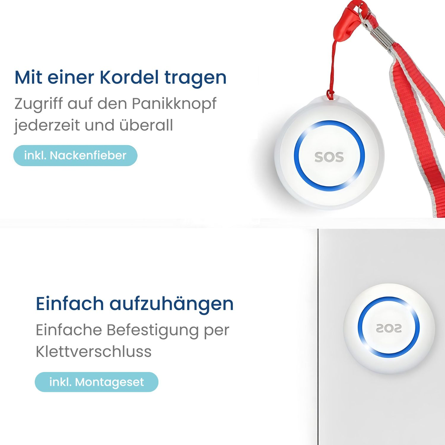 Weißer SOS-Knopf mit rotem Schlüsselband. Es hat ein blaues SOS-Licht und ist für Notfälle.