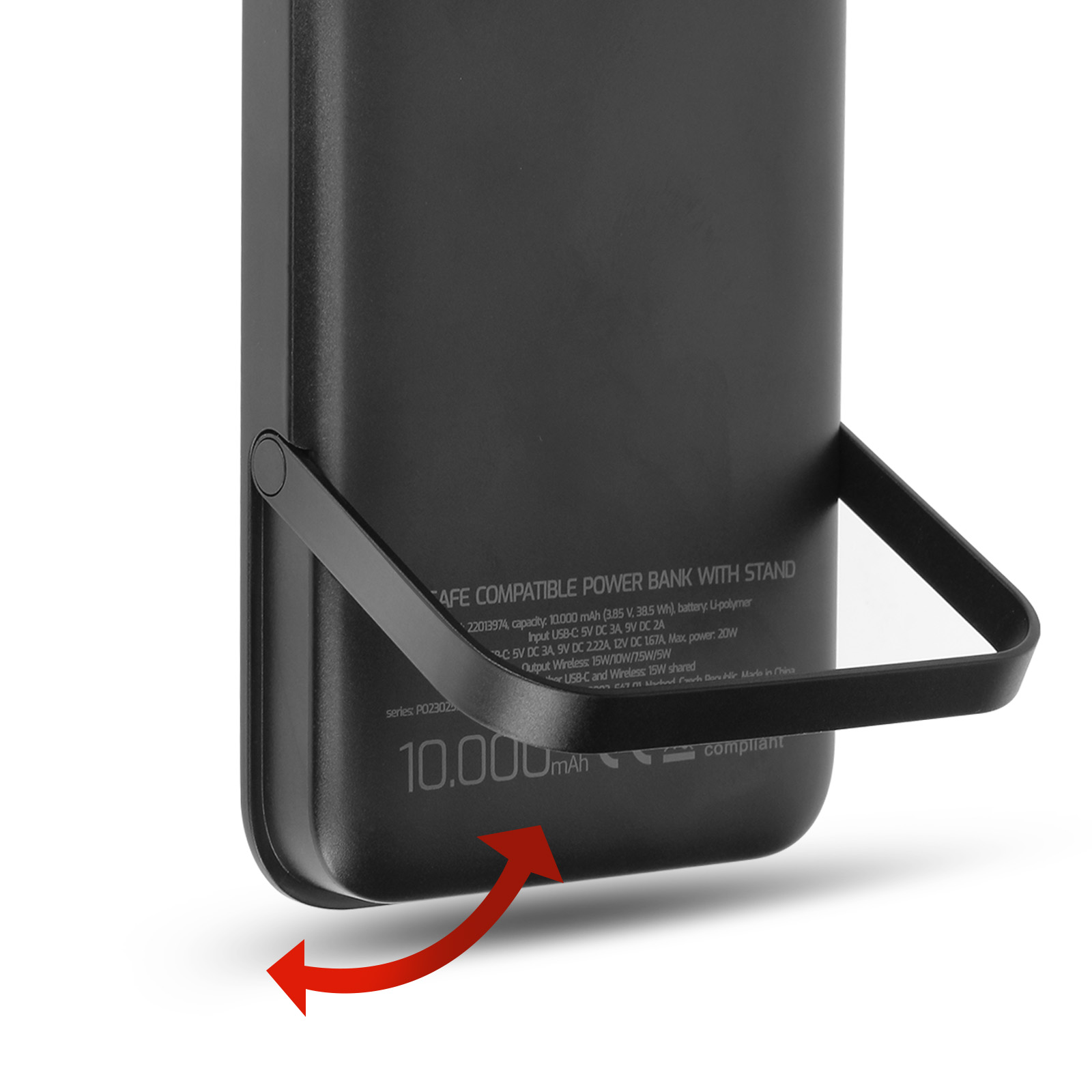 Schwarze Powerbank mit Griff. Das Etikett zeigt Spezifikationen und 10.000 mAh Kapazität.