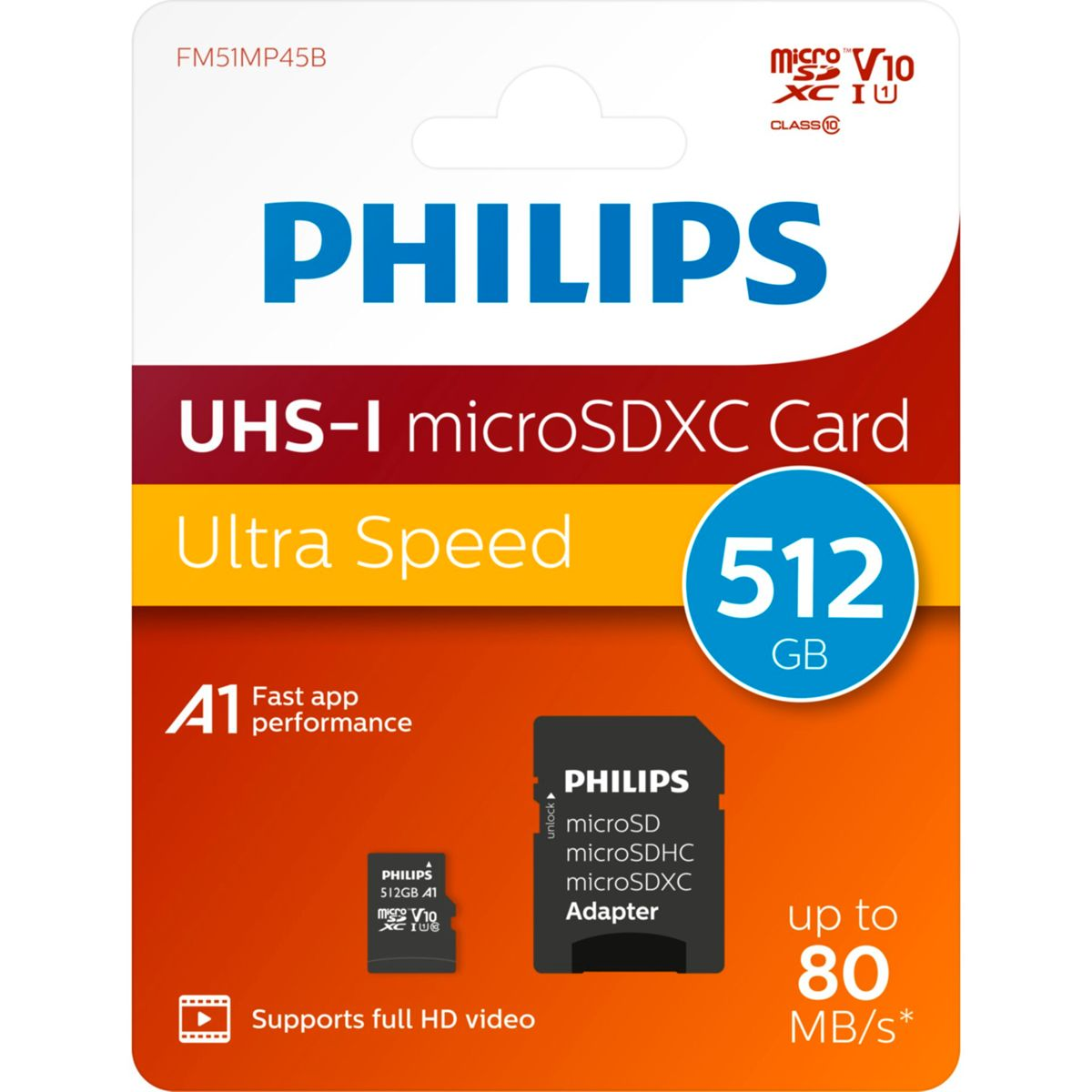 Philips 512GB Micro-SD-Kartenverpackung. Zeigt Karte und Adapter.