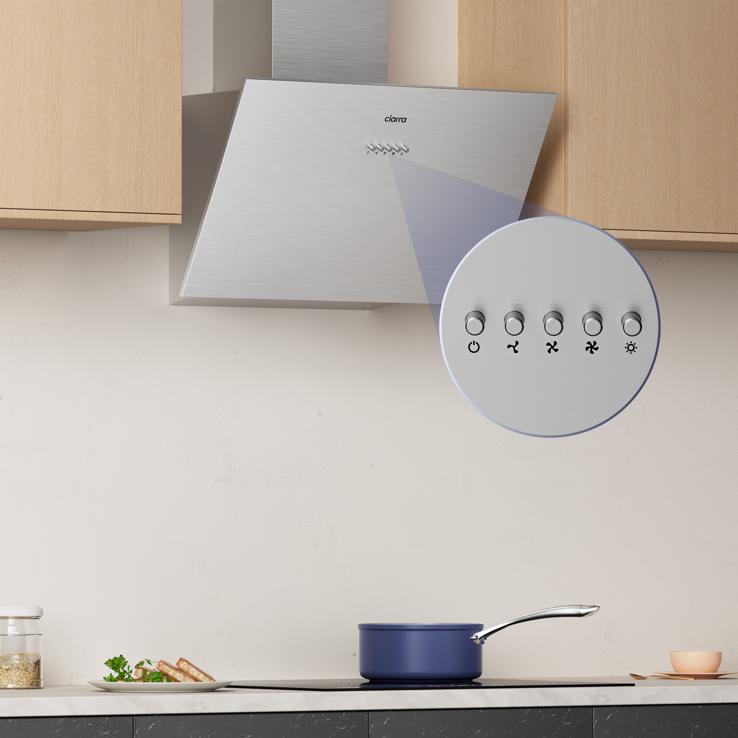 A stainless steel range hood with a control panel. Includes a pot and ingredients.