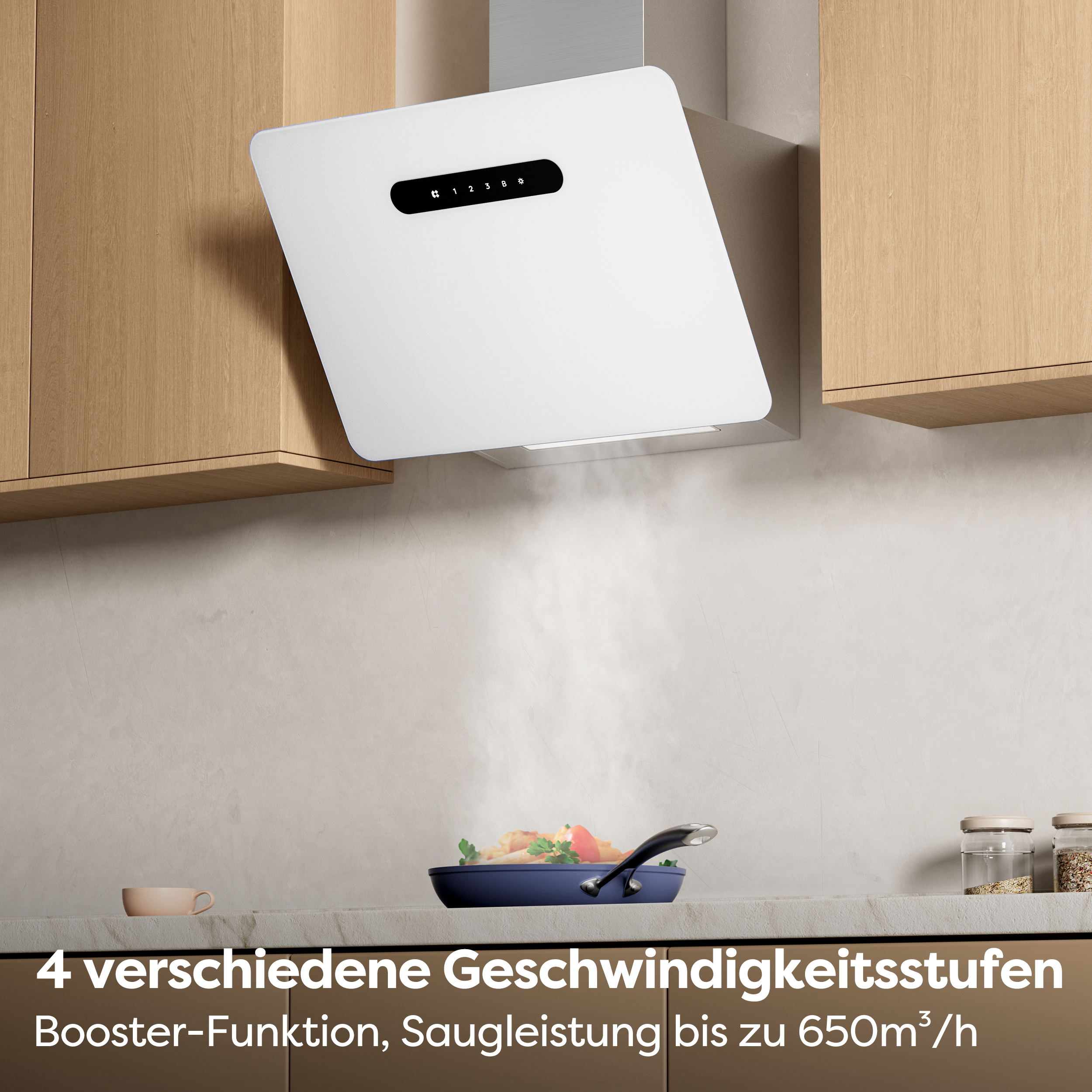 Weiße Dunstabzugshaube über einem Herd montiert, mit Text zu Geschwindigkeitseinstellungen.