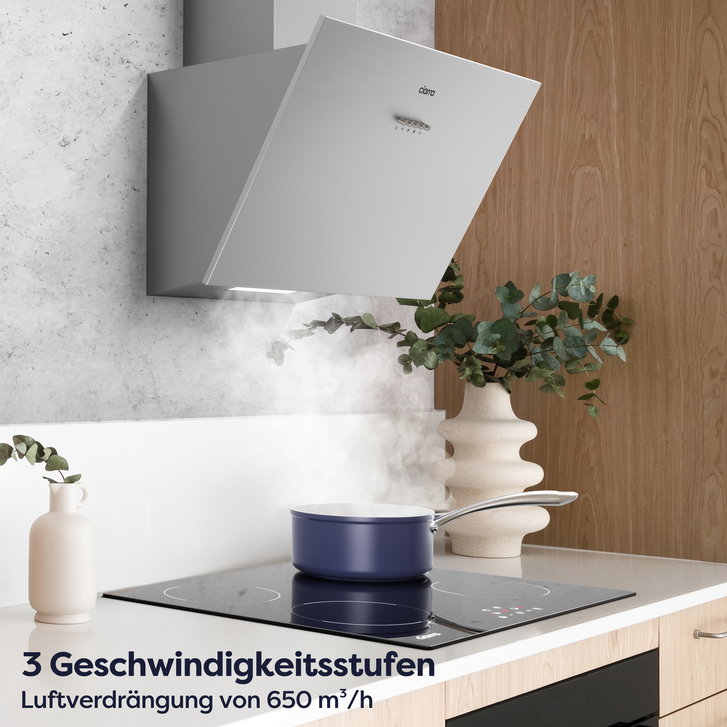 Kitchen scene with a silver range hood above a black stovetop. A blue pot is on the stovetop.