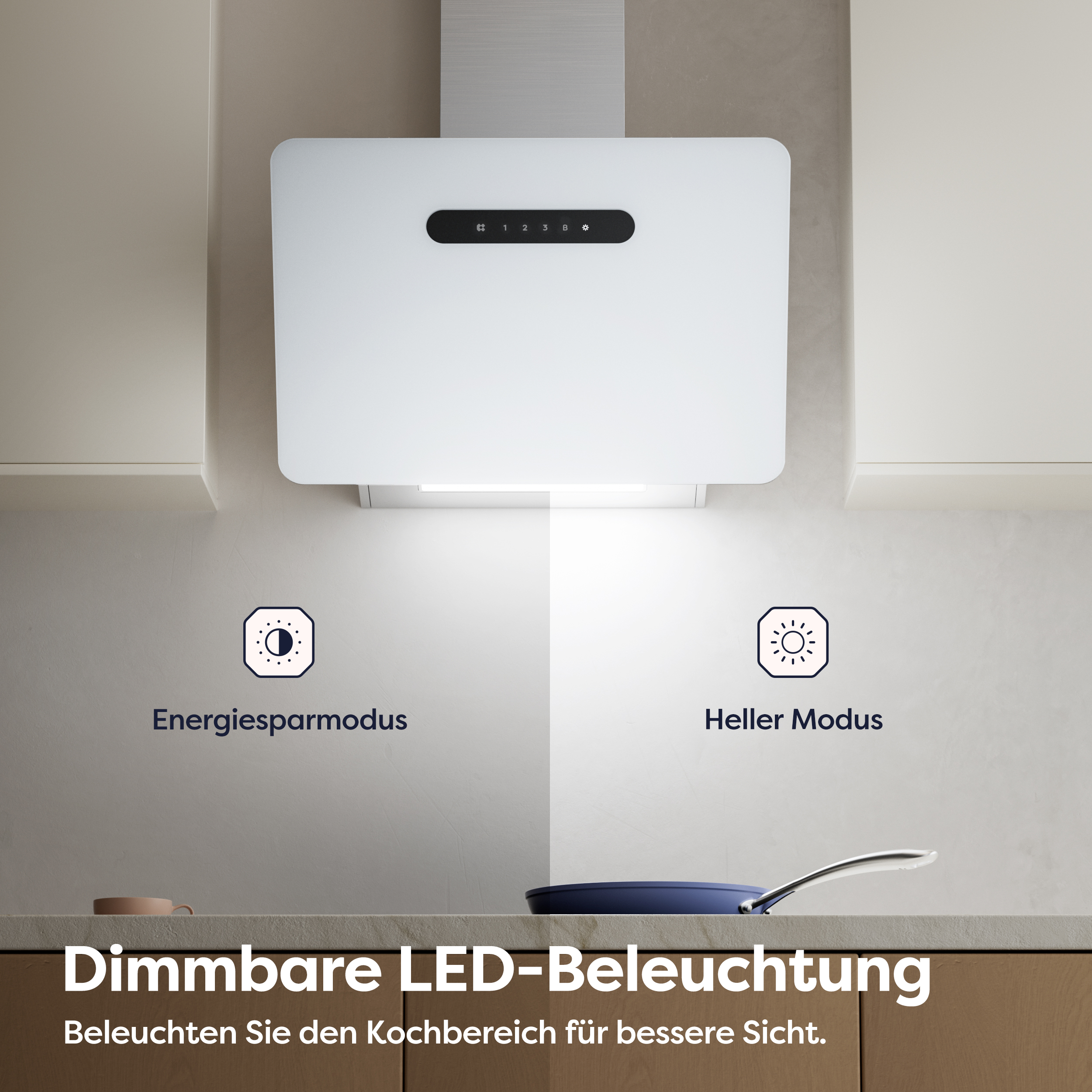 Weiße Küchenhaube mit Bedienfeld und LED-Beleuchtungsmodi, mit Pfanne.