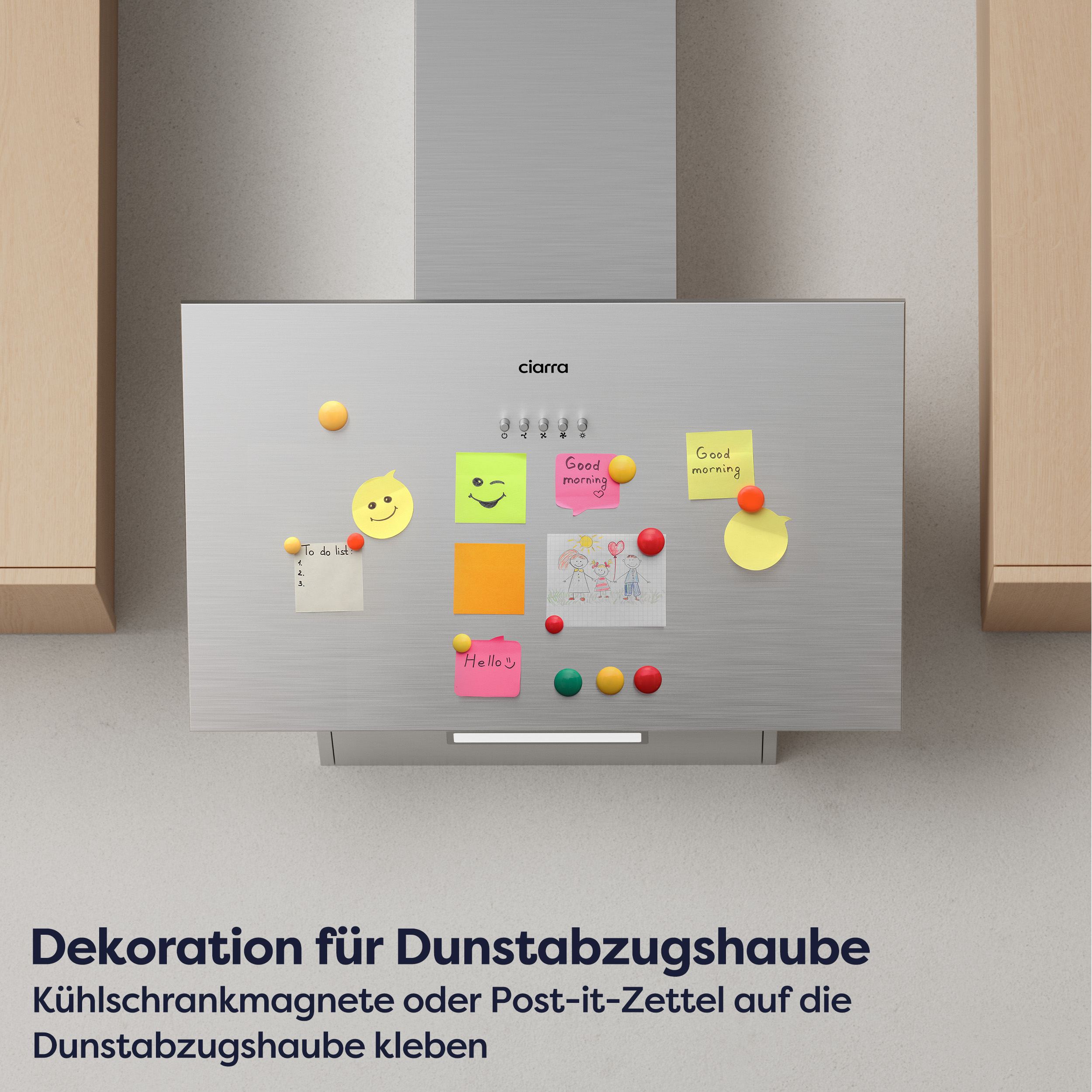 Stainless steel range hood with sticky notes, magnets. Text: decoration for range hood.