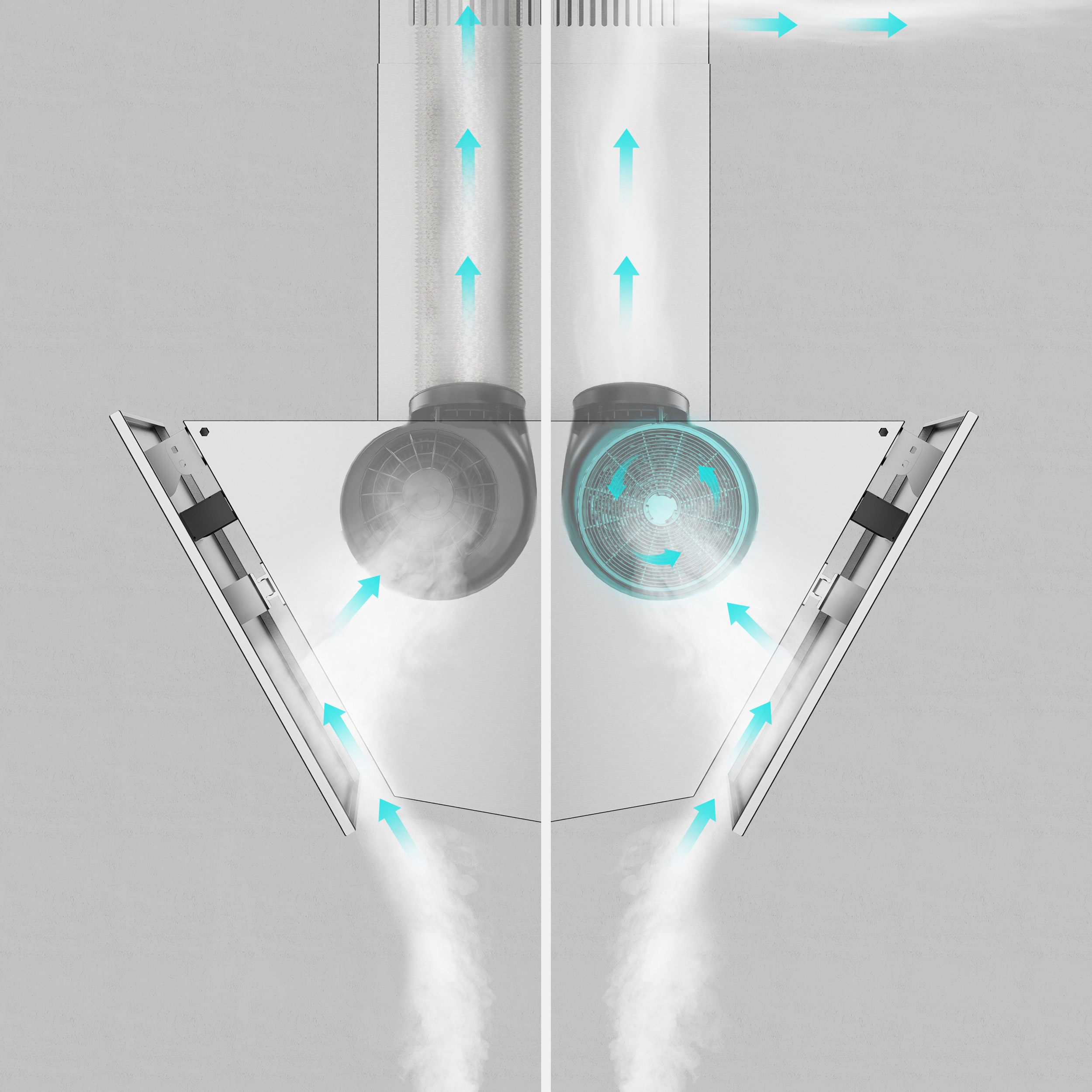 Diagram of a ventilation system, showing air flow with arrows and fan details.