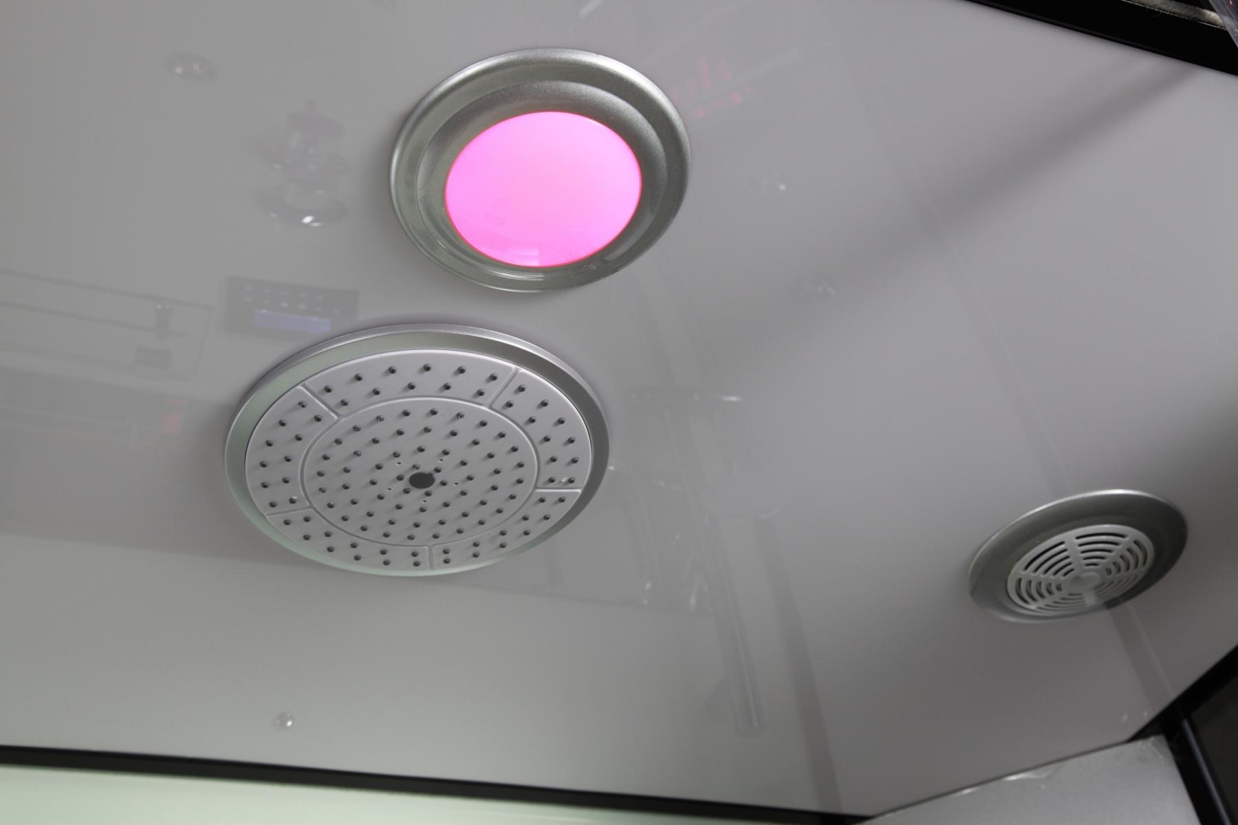 Duschdecke mit Duschkopf und zwei Lichtern.