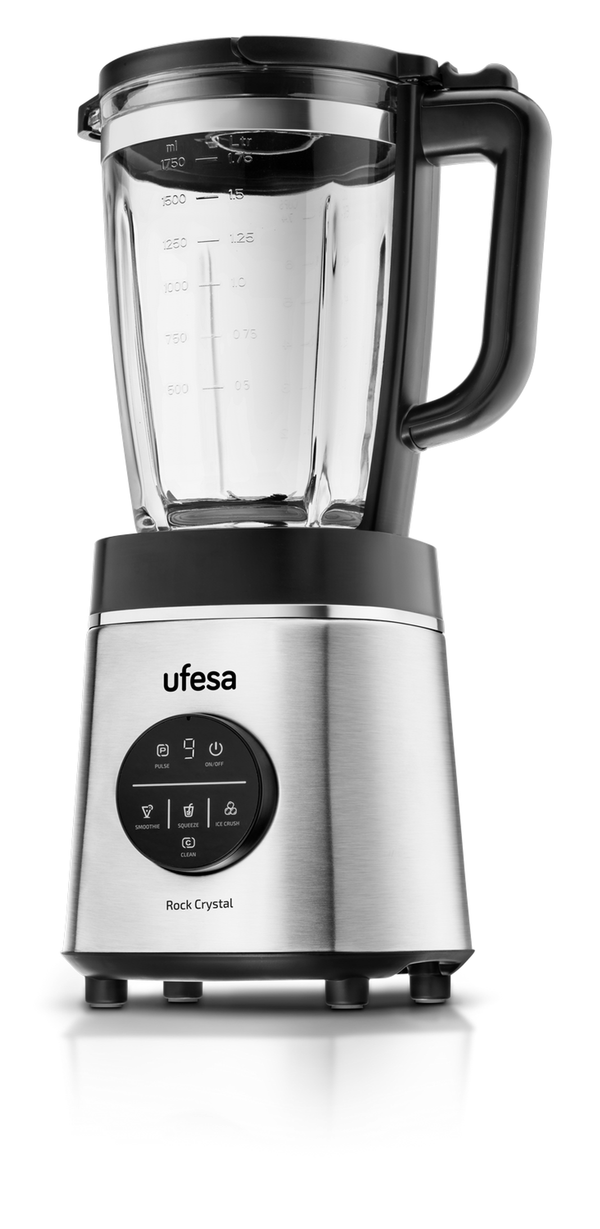Frullatore Ufesa argento e nero. Ha un contenitore di vetro con misure e una base nera con pulsanti.