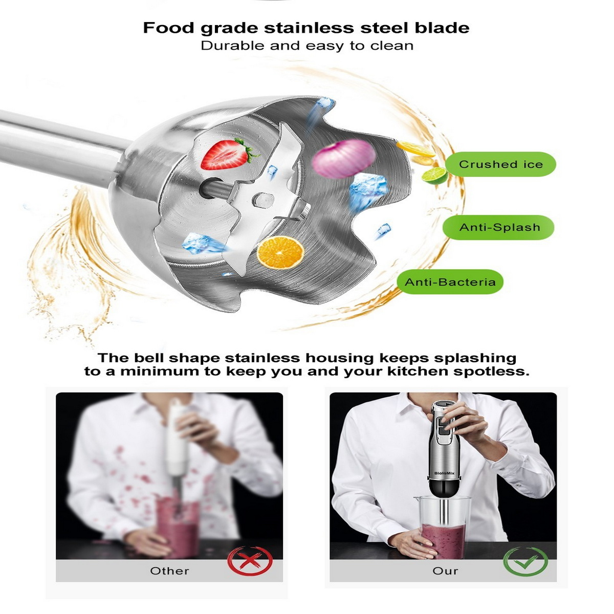 Frullatore in acciaio inossidabile con ingredienti e testo sulle sue caratteristiche.