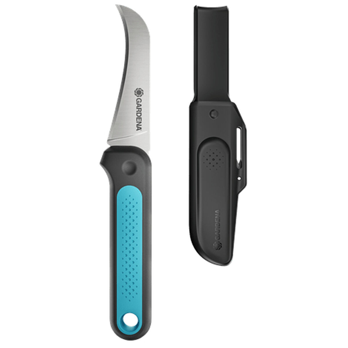 Coltello da giardinaggio Gardena. Manico blu e fodero nero. Il coltello è affilato.