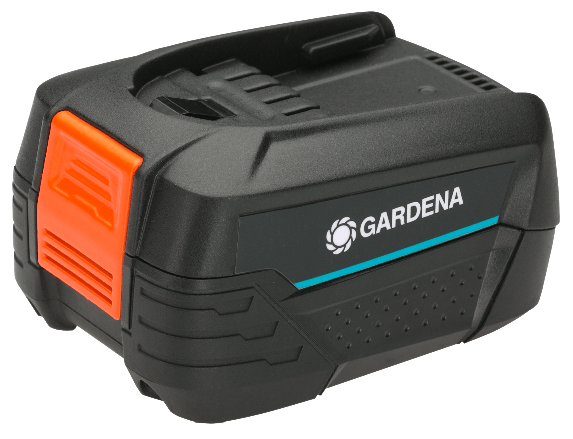 Batteria Gardena nera e arancione con logo, vista angolata, sfondo scuro.