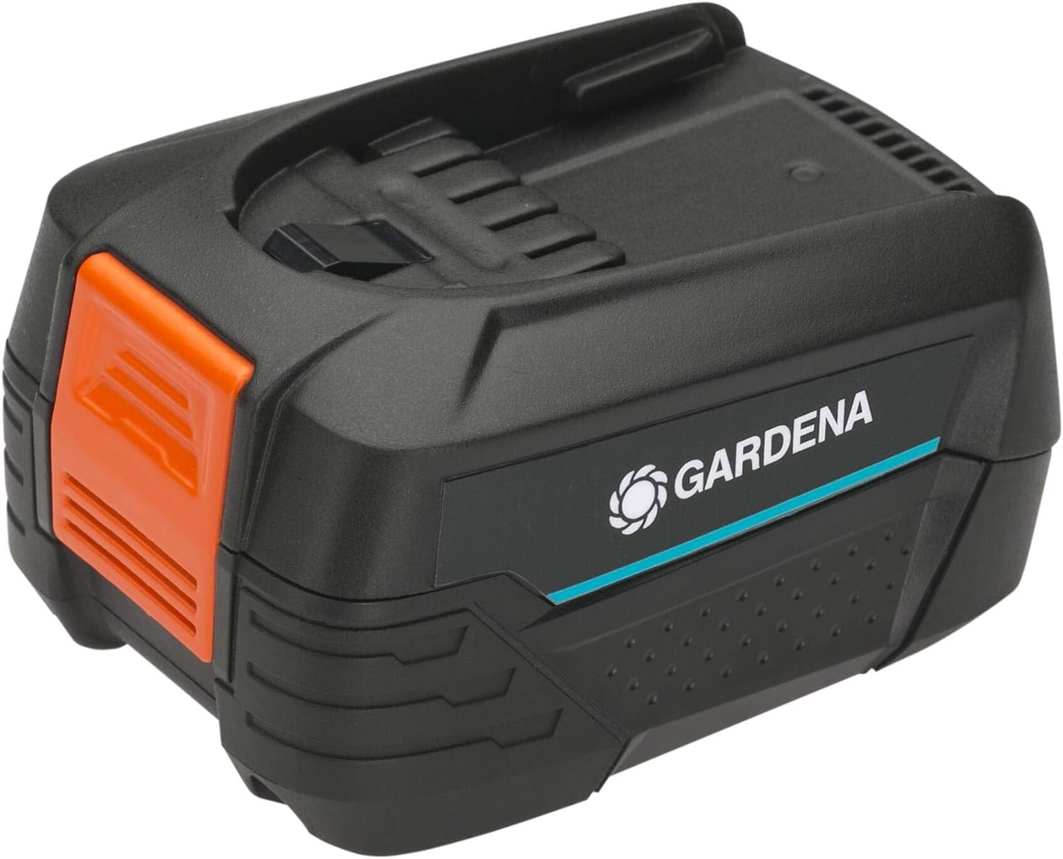 Pacco batteria nero e arancione con logo Gardena. Superficie nera con lati arancioni.