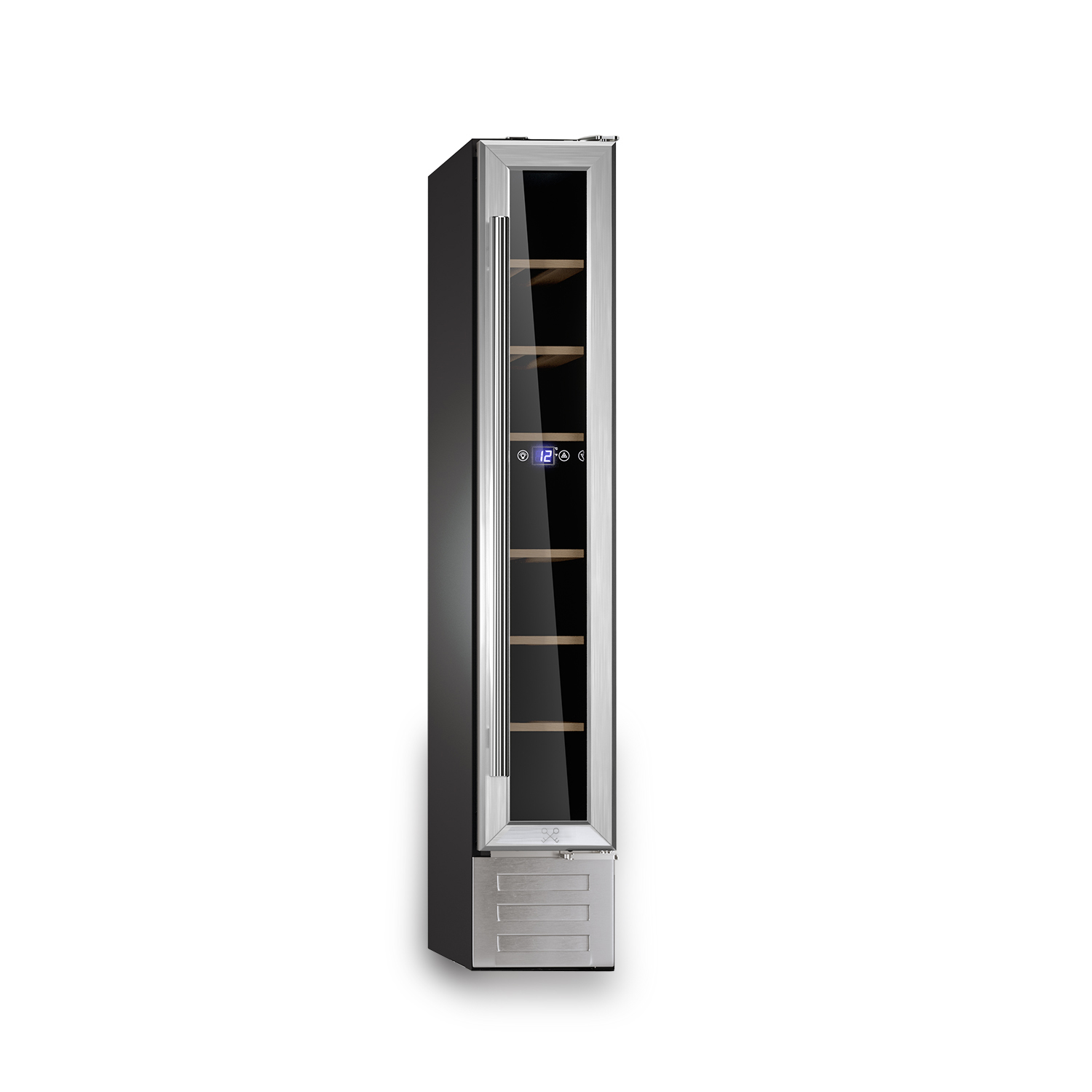 Hoher Weinkühlschrank mit Glastür, Edelstahlakzenten und digitaler Temperaturanzeige.