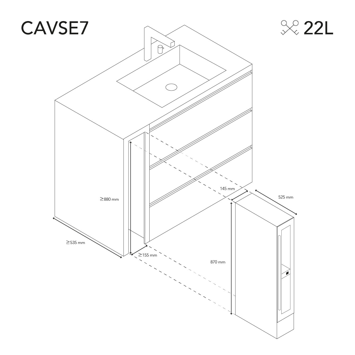 Isometrische Ansicht eines Badezimmerwaschtisches mit Waschbecken, Schubladen und einem Seitenschrank.