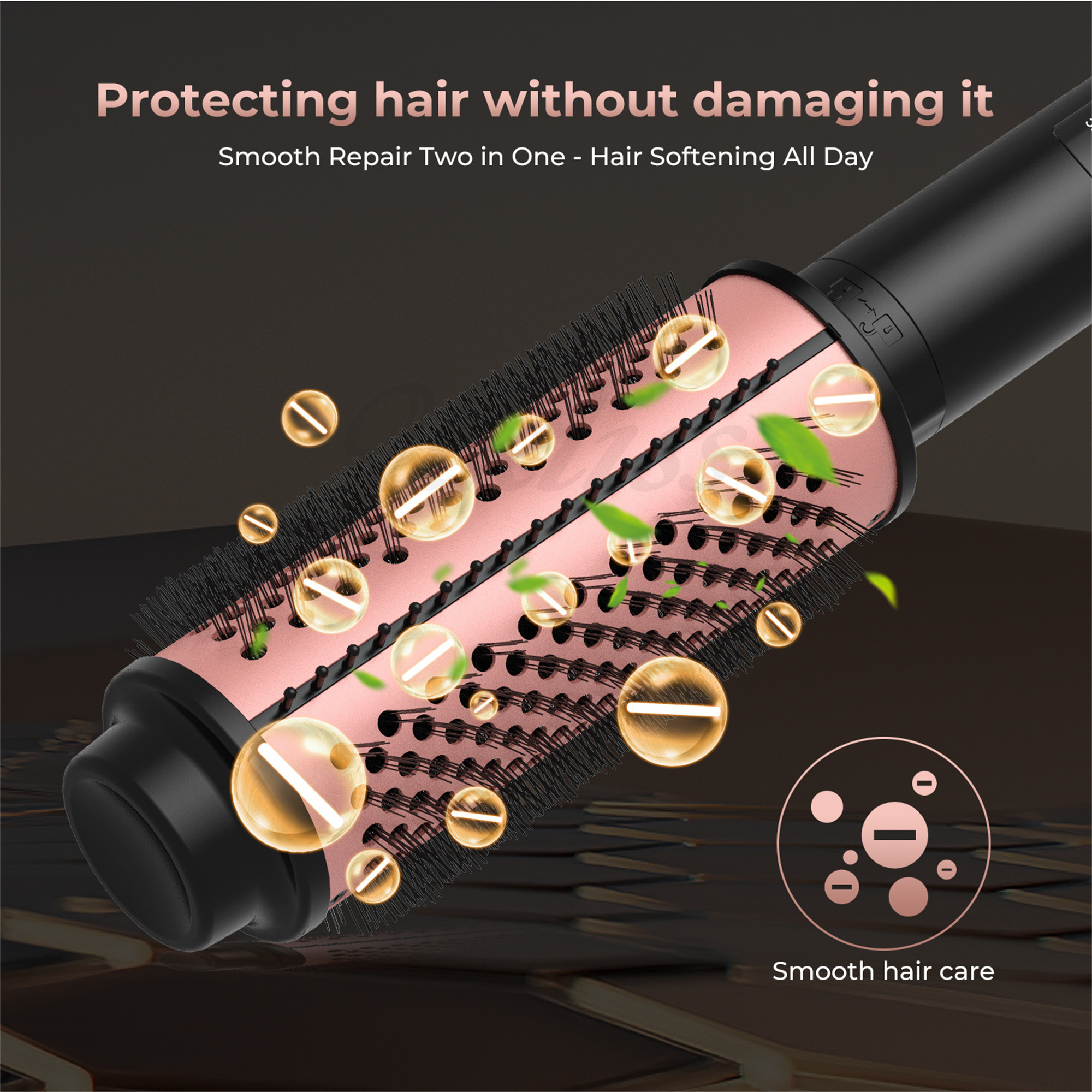 Haarstyler-Bürste mit roségoldfarbenem Gehäuse, schwarzen Borsten und schwebenden Blasen. Text: 'Smooth hair care'.