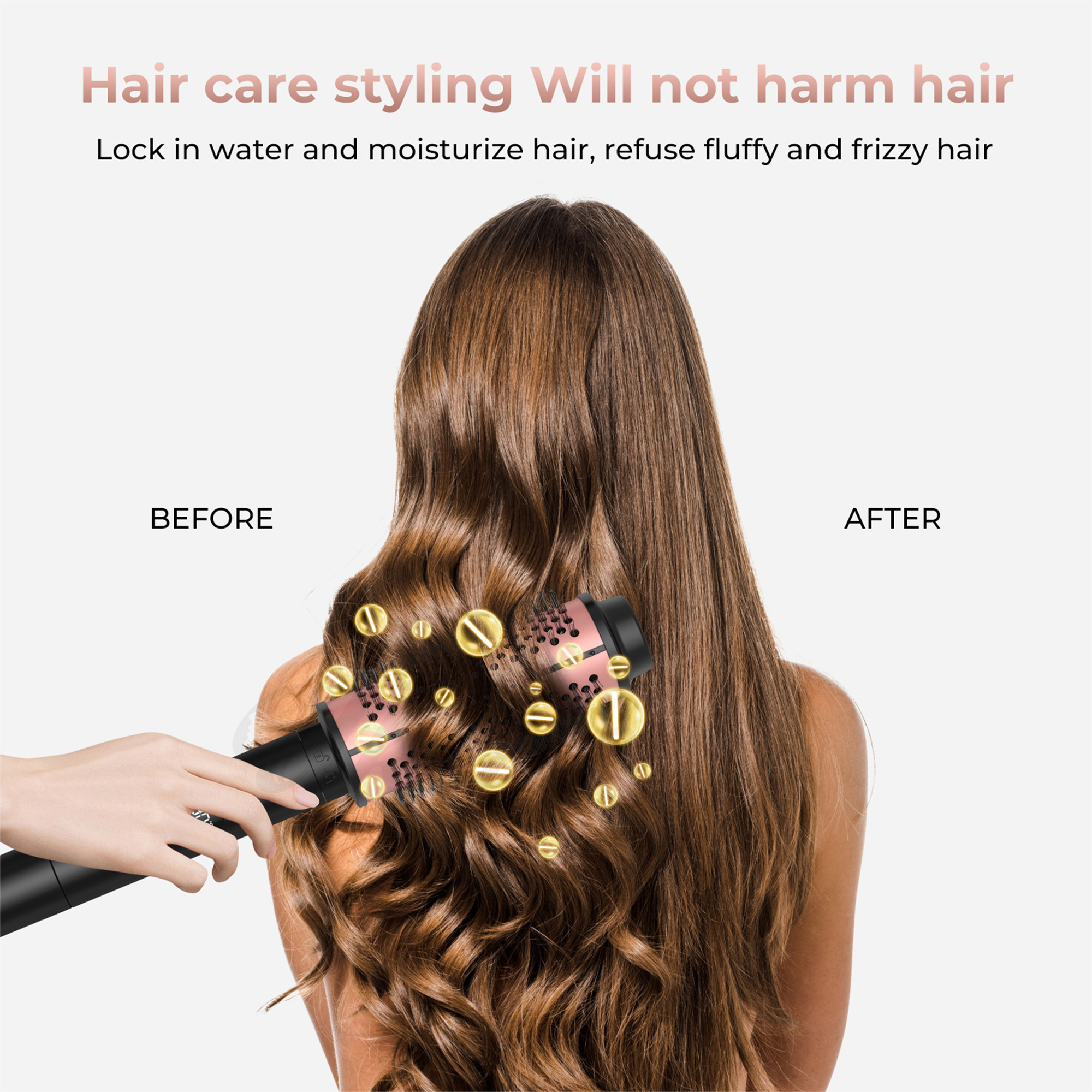 Eine Person benutzt ein Haarstyling-Werkzeug an den Haaren einer Frau, zeigt Vorher-Nachher.