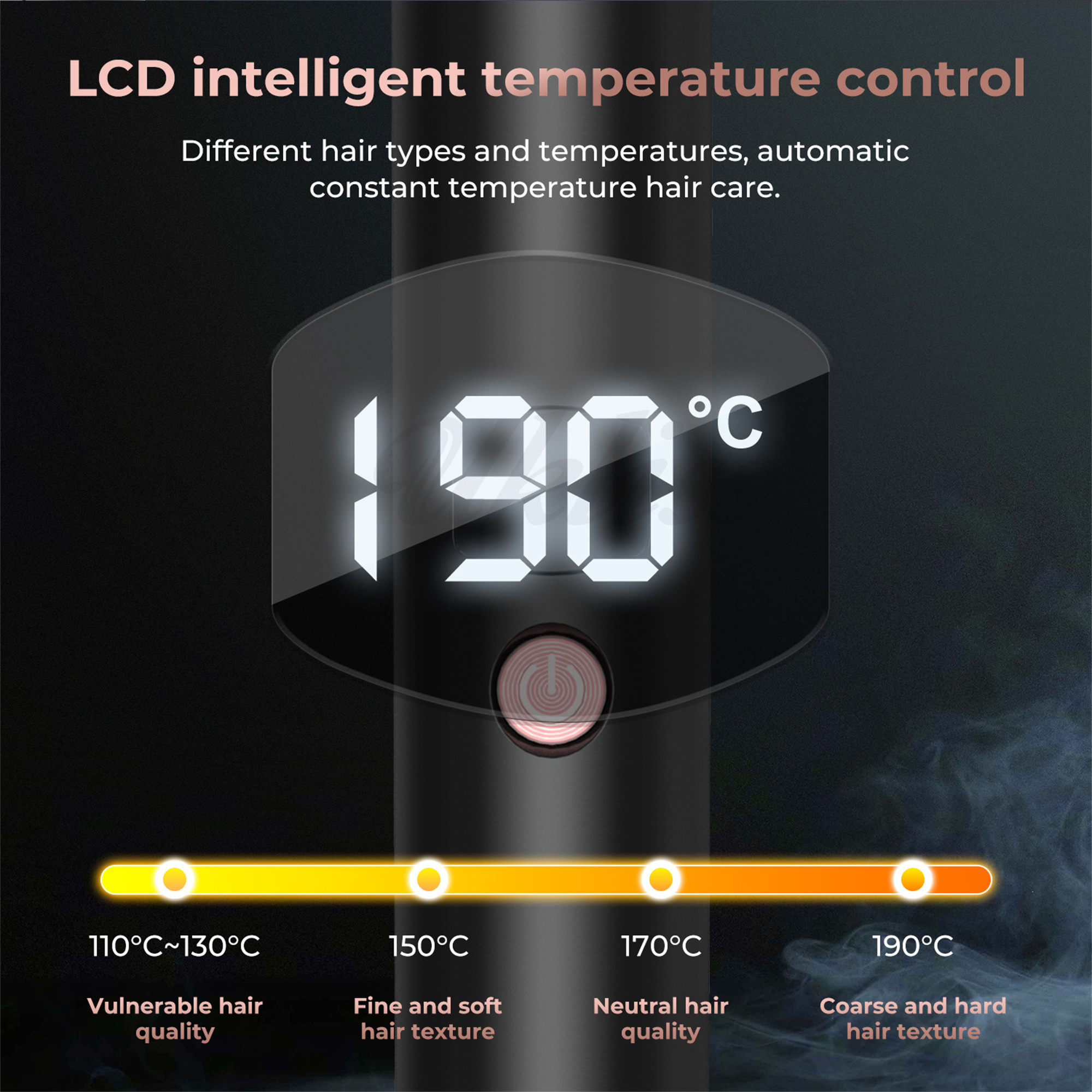 Haarglätter mit Digitalanzeige, die 190°C und Temperatureinstellungen für verschiedene Haartypen anzeigt.