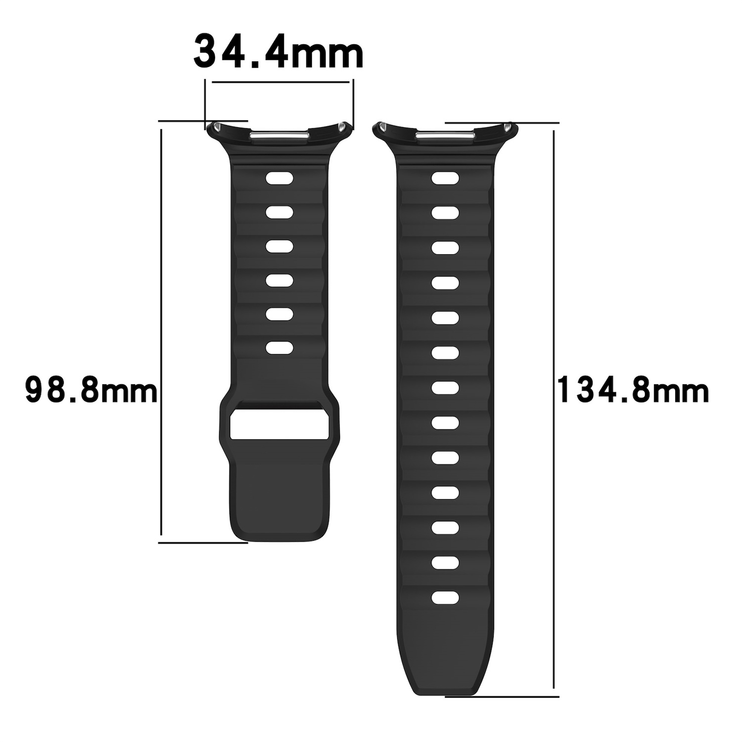 Schwarzes Uhrenarmband mit Längen- und Breitenmessungen in mm. Das Armband hat Löcher.