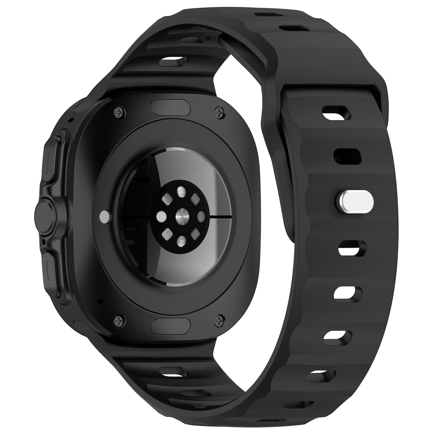 Schwarze Smartwatch mit Sensoren auf der Rückseite und schwarzem Armband.