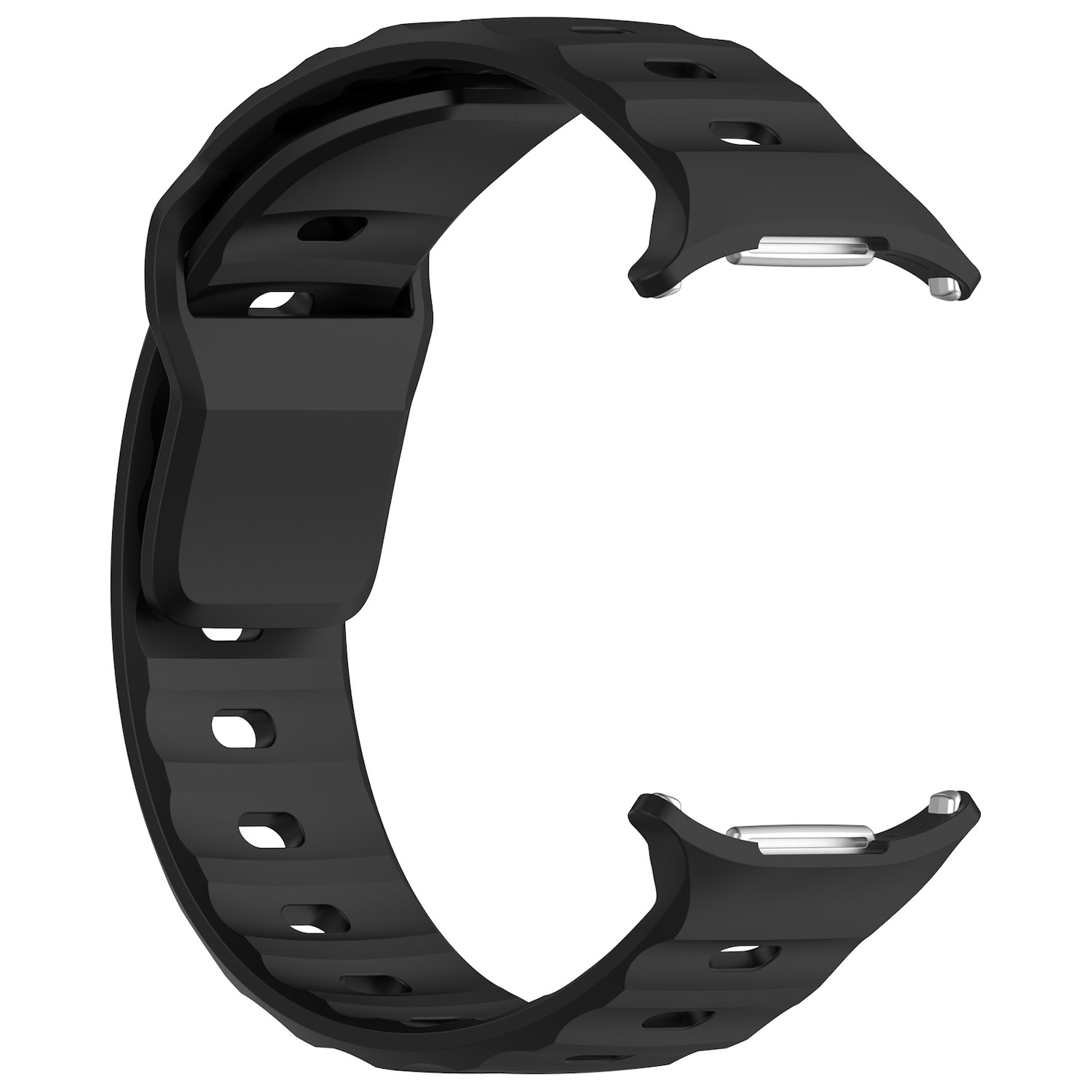 Ein schwarzes Smartwatch-Armband mit geschwungenem Design.