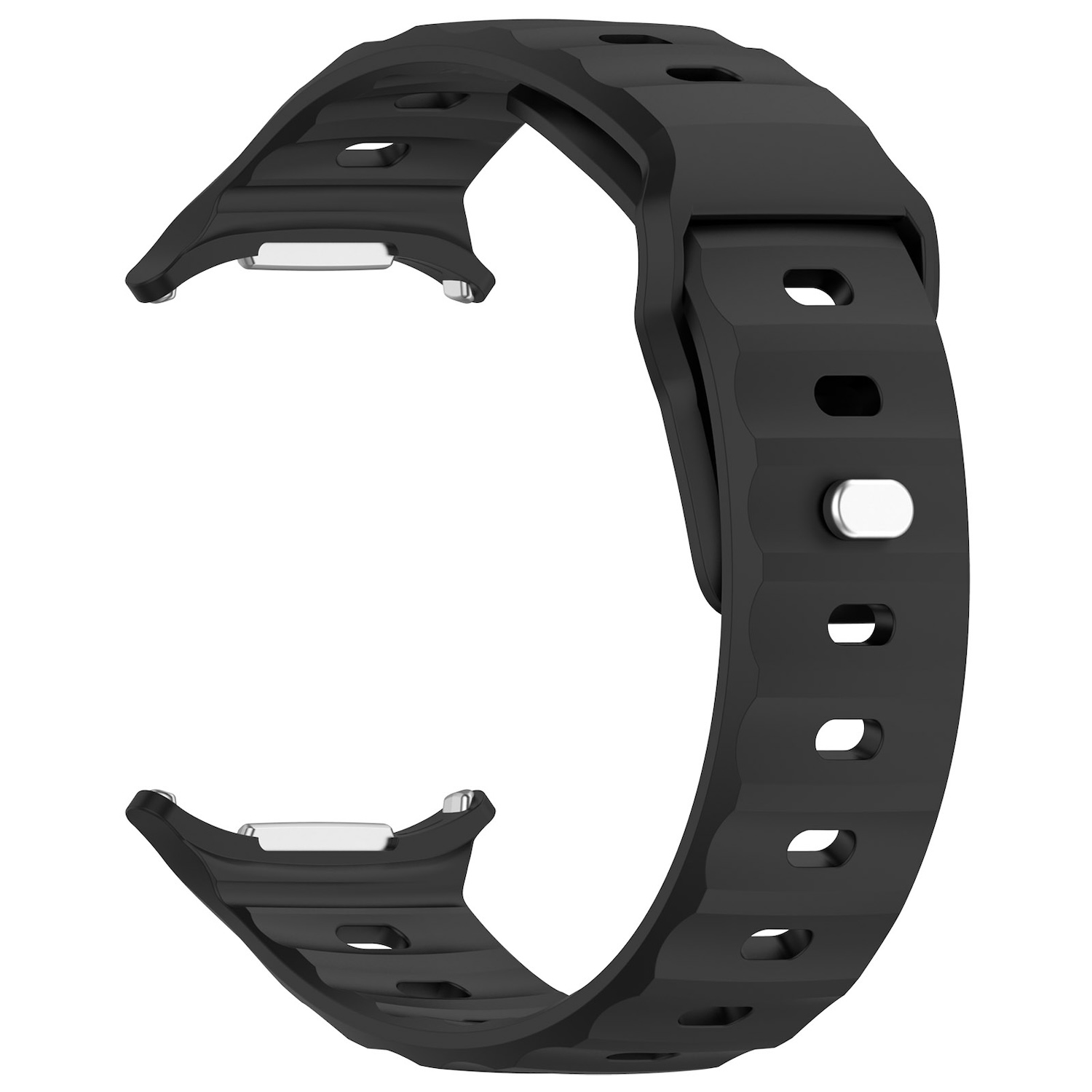 Ein schwarzes Smartwatch-Armband mit strukturiertem Muster und Metallschnalle wird gezeigt.