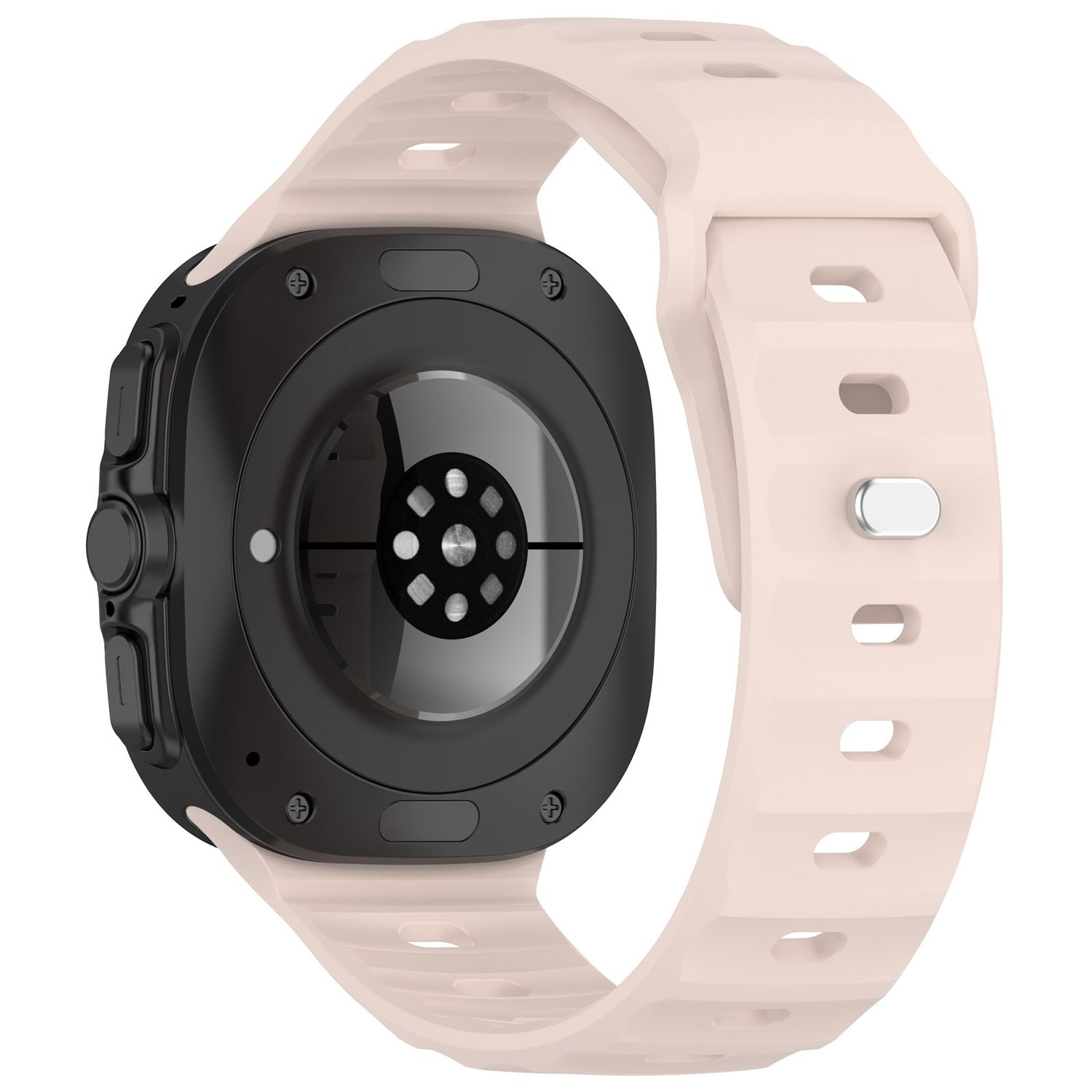 Eine schwarze Smartwatch mit hellrosa Armband liegt auf einer weißen Oberfläche.