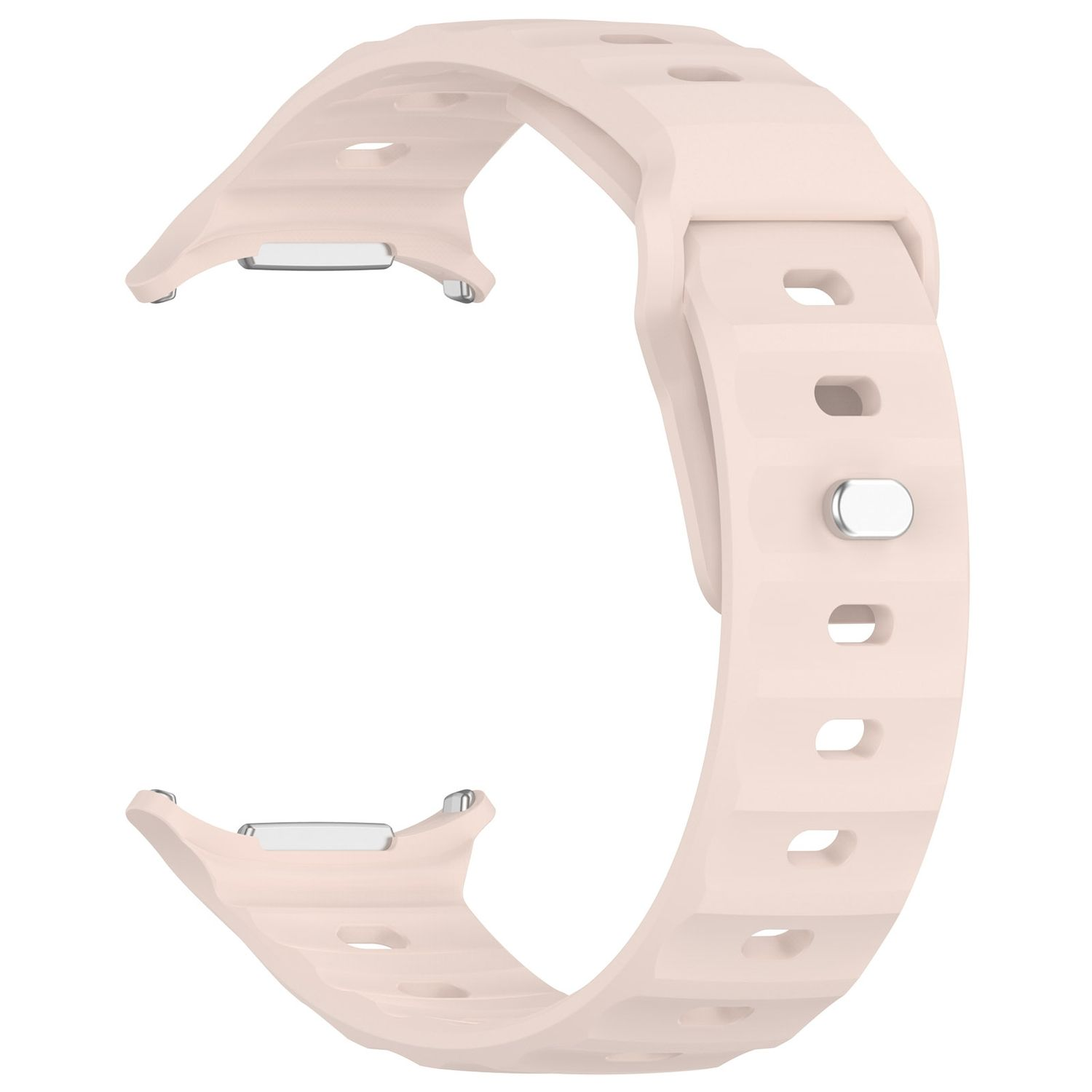 Hellrosa Smartwatch-Armband, mit geschwungenem Design und Löchern für einen Stift.