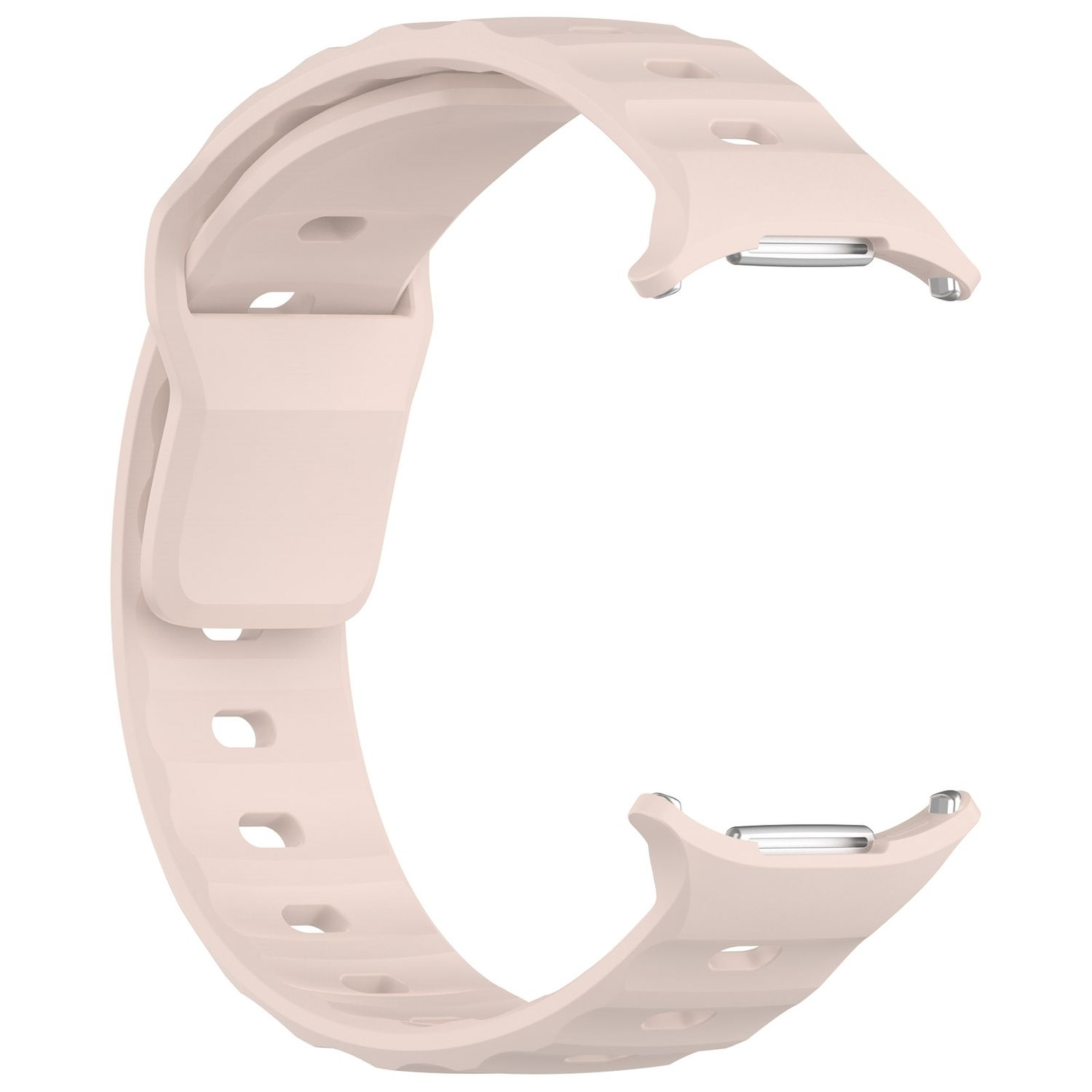 Rosa Uhrenarmband, gebogen, mit Verschluss, auf weißem Hintergrund.