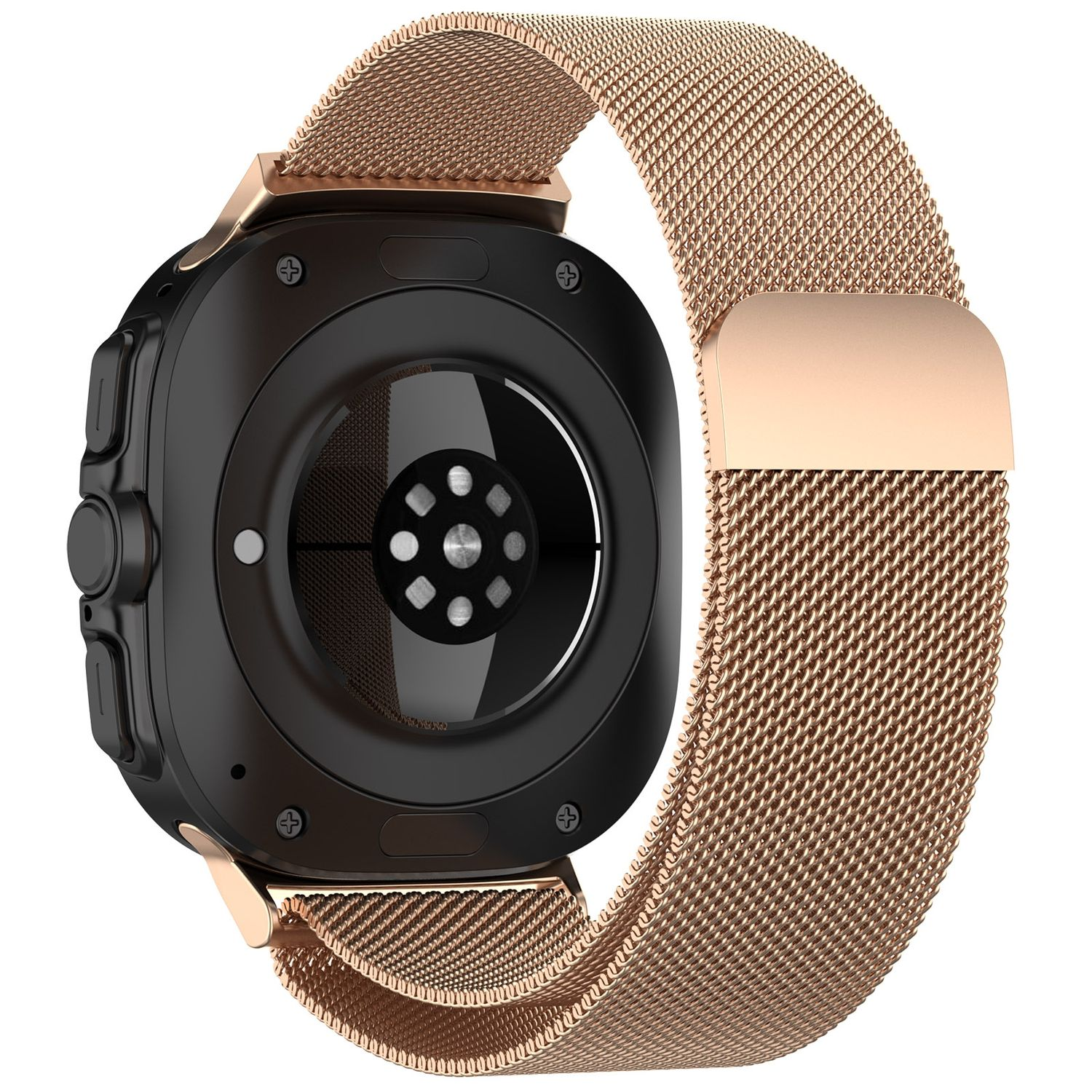 Rückansicht einer schwarzen Smartwatch mit roségoldfarbenem Mesh-Armband.