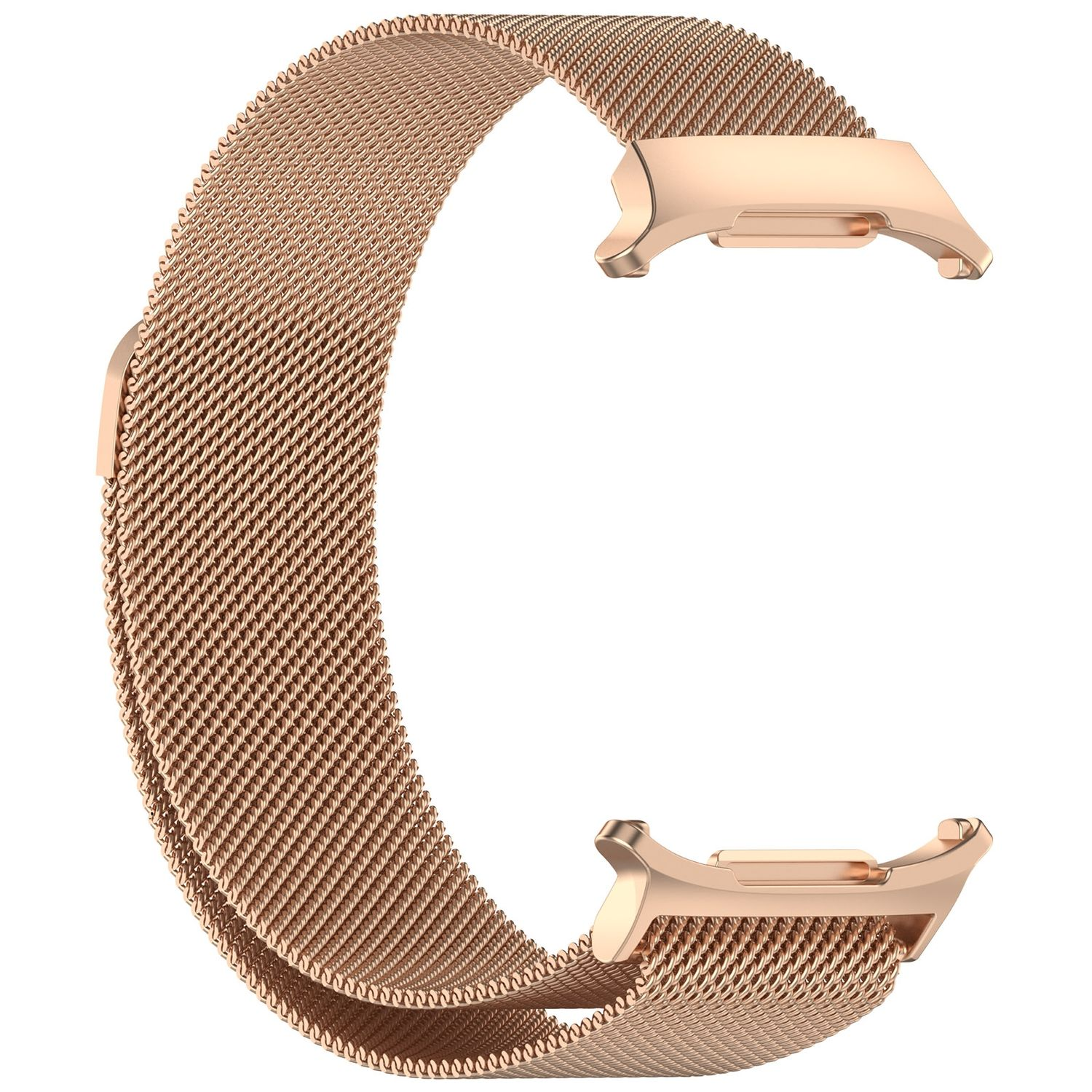 Roségoldfarbenes Mesh-Uhrenarmband, gebogen, mit Verschlüssen zur Befestigung.