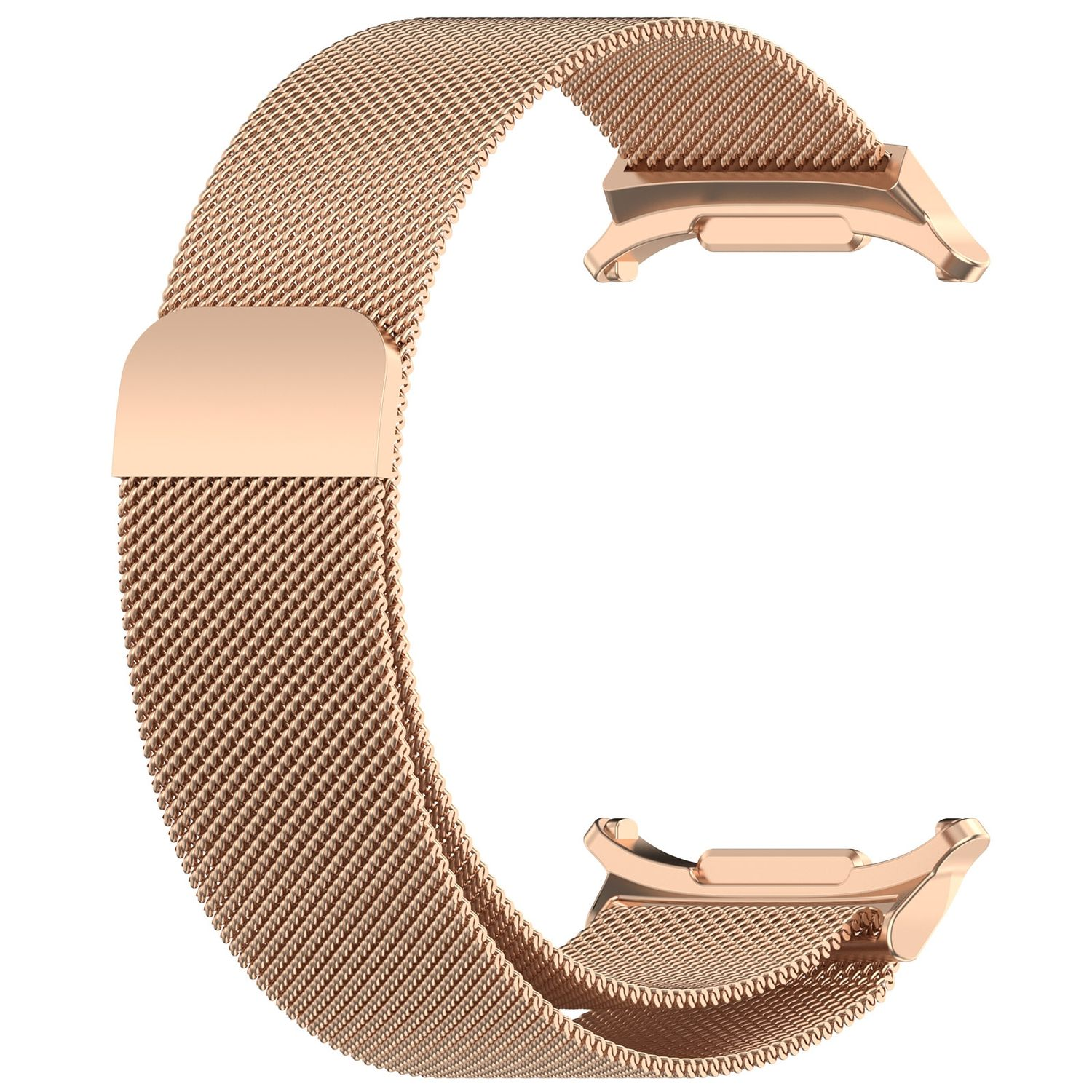 Ein roségoldenes Uhrenarmband. Es besteht aus einem Metallgeflecht und hat einen Verschluss.