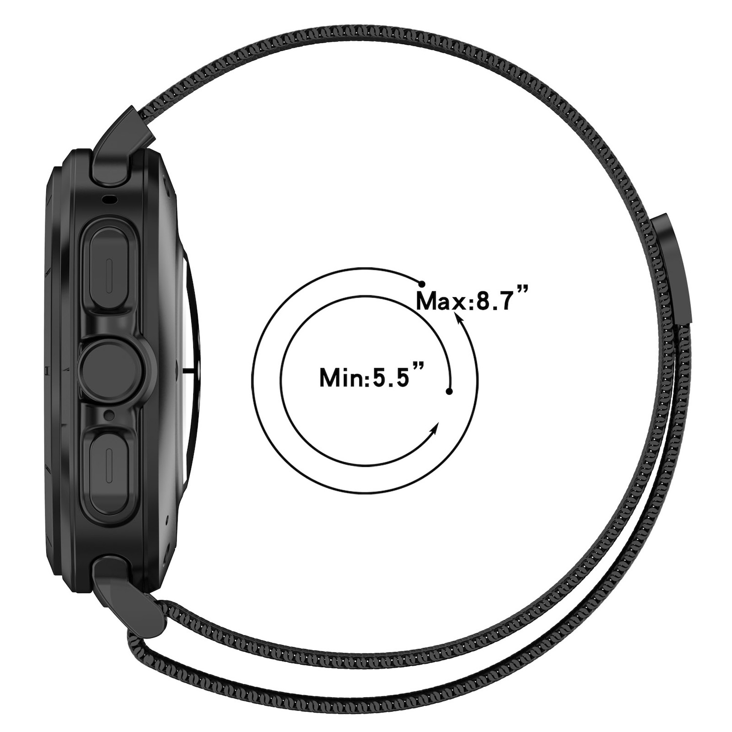 Schwarze Smartwatch mit schwarzem Armband, Seitenansicht, mit Messungen. Das Armband hat ein Mesh-Design.