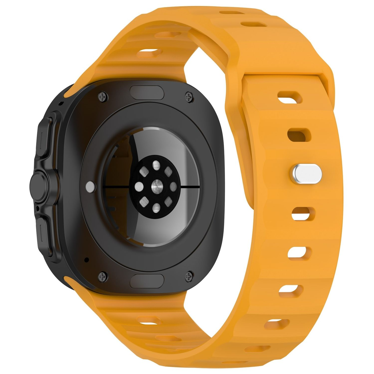Schwarze Smartwatch-Rückseite mit orangefarbenem Armband.