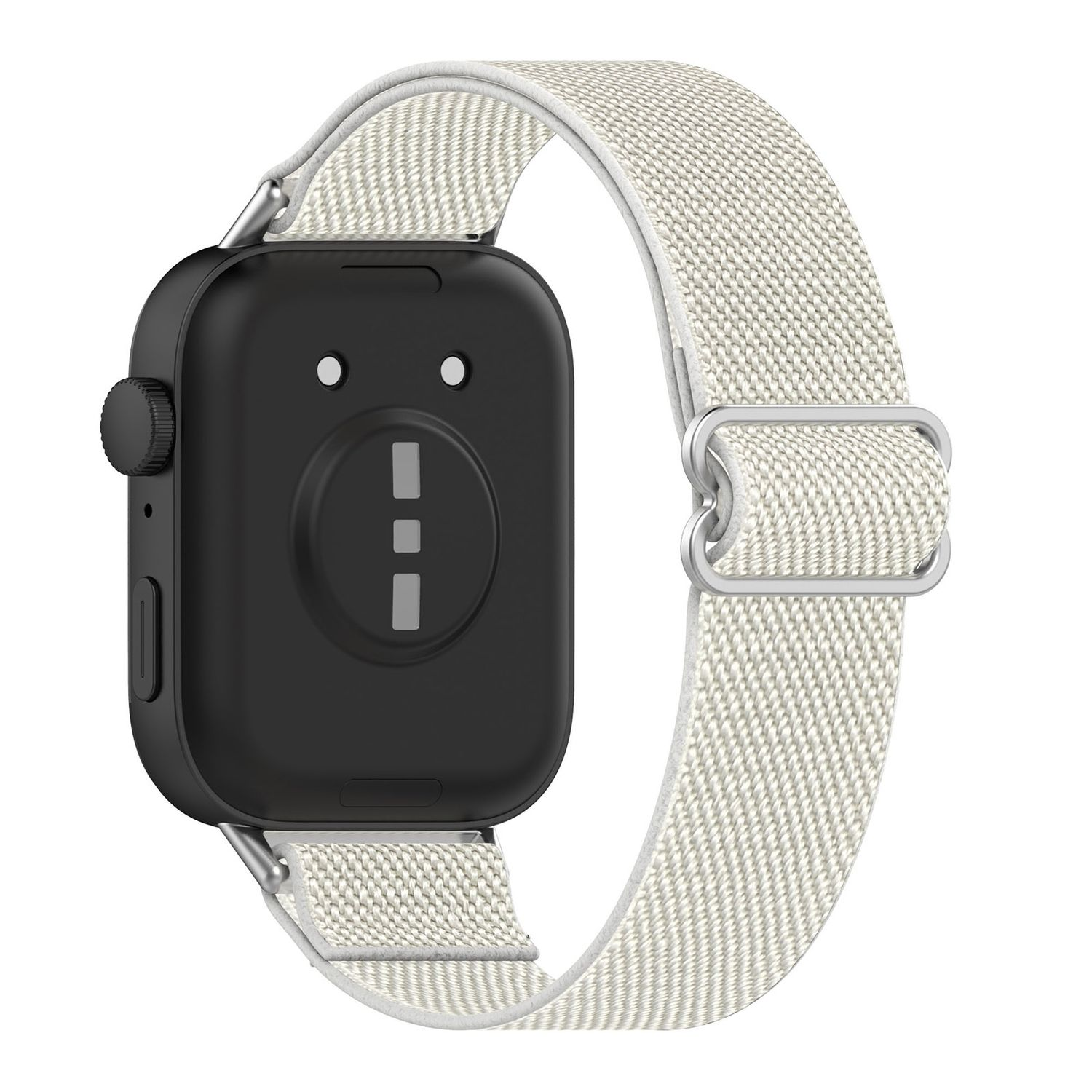 Smartwatch mit cremefarbenem Stoffband und schwarzem Zifferblatt.