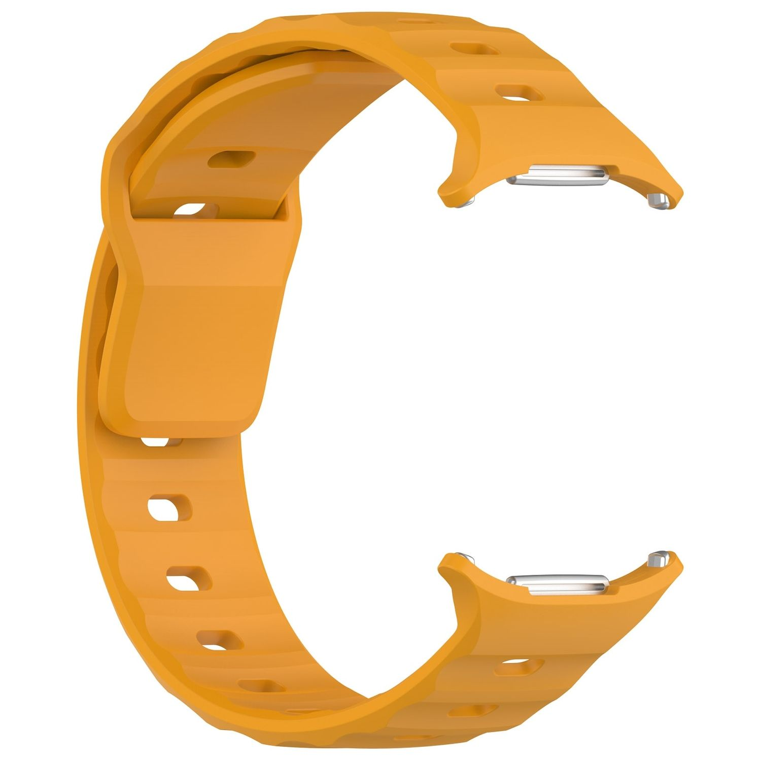 Ein orangefarbenes Smartwatch-Armband. Das Armband besteht aus einem flexiblen Material mit Löchern und einem Verschluss.