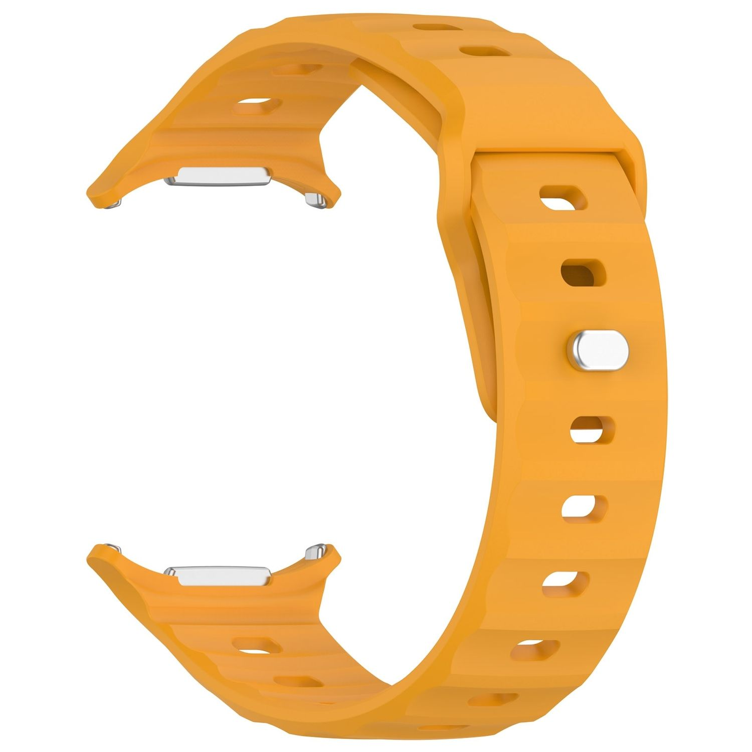 Oranges Uhrenarmband mit mehreren Löchern, silberne Anschlüsse an jedem Ende, weißer Hintergrund.