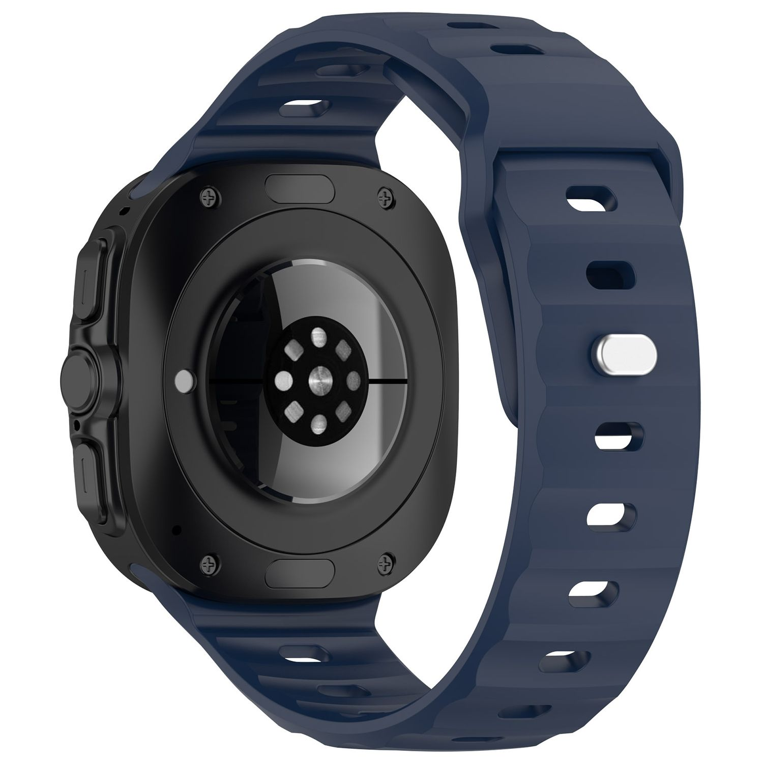 Schwarze Smartwatch mit dunkelblauem Armband, Rückansicht.