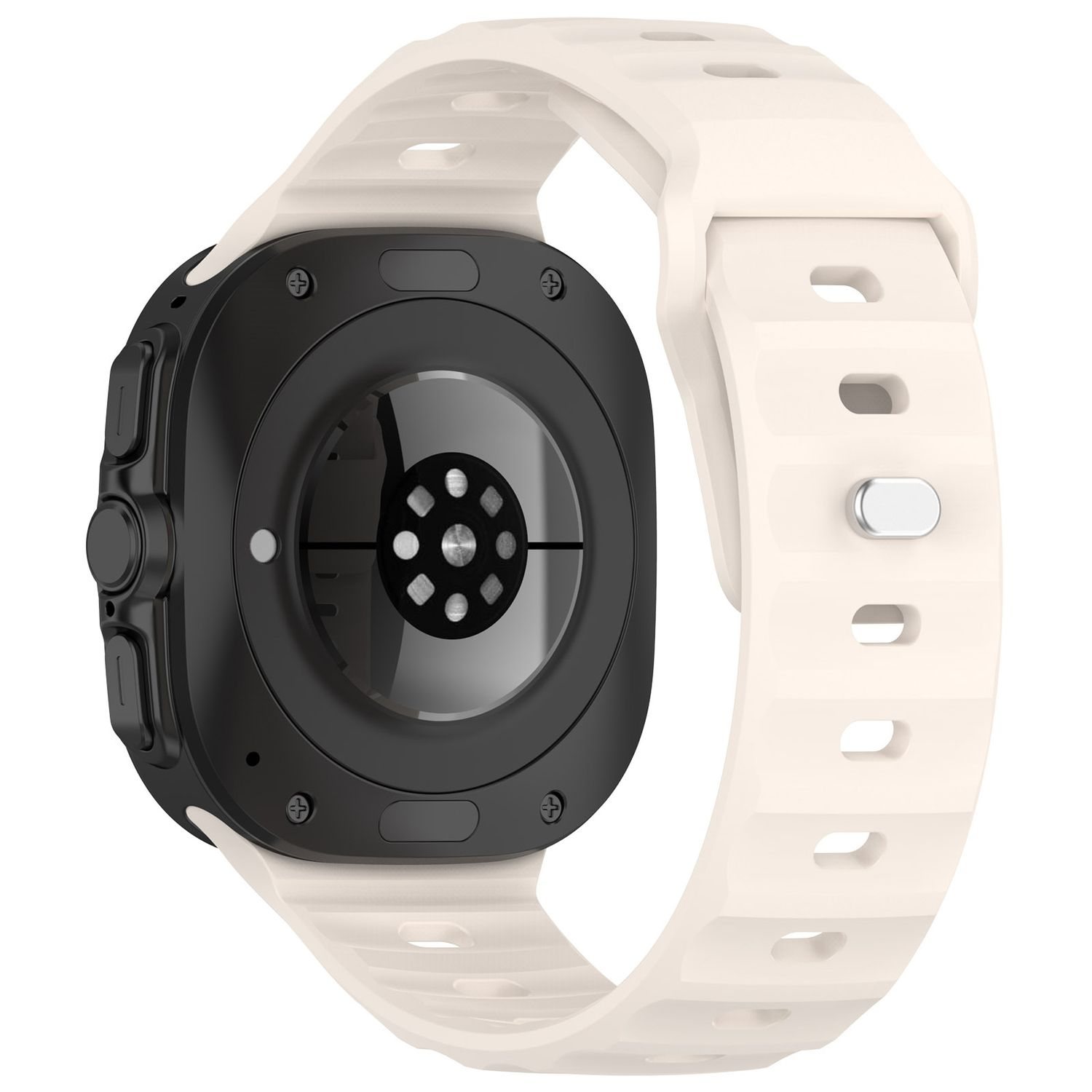 Schwarze Smartwatch mit weißem Armband. Die Rückseite der Uhr ist sichtbar.