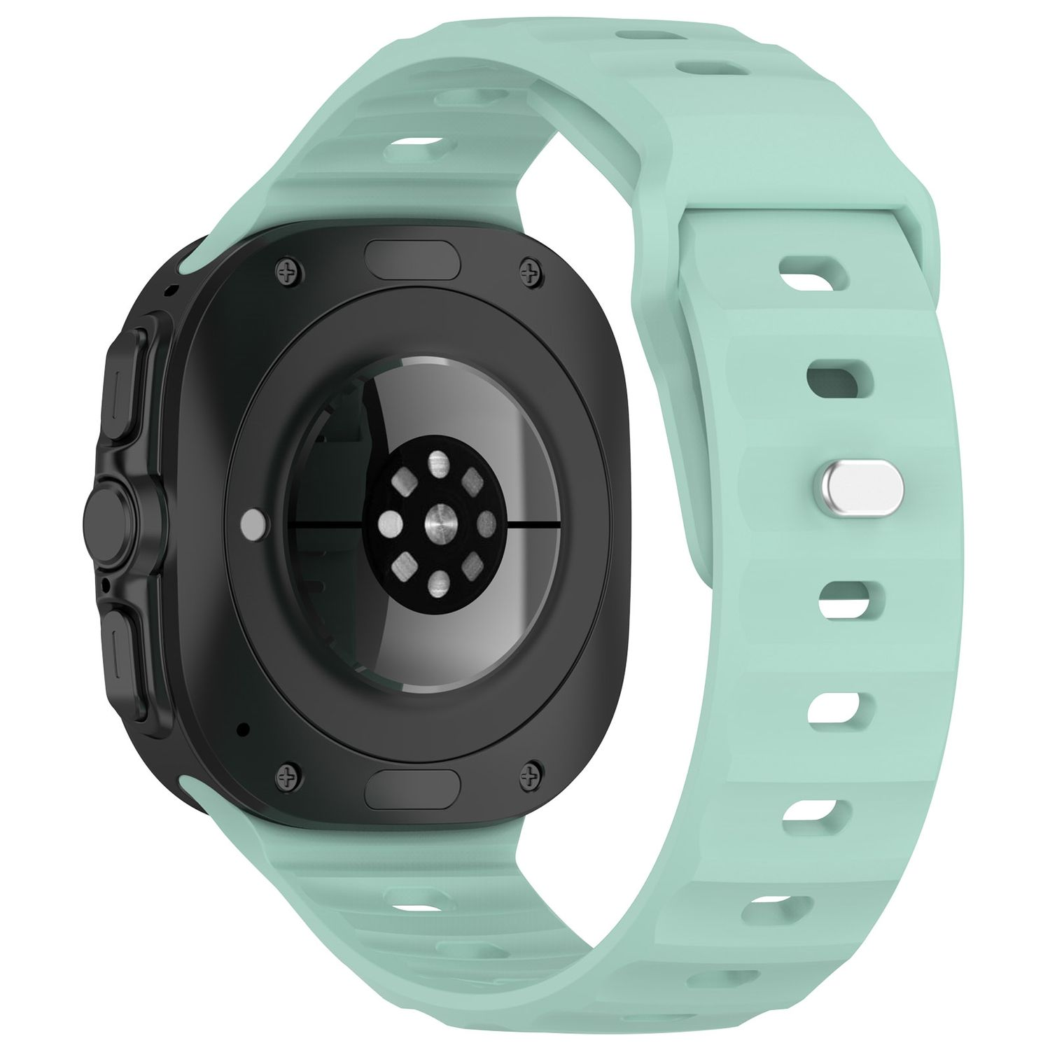Smartwatch-Rückansicht. Schwarzes Gehäuse mit grünem Armband. Inkl. Herzfrequenzsensor.