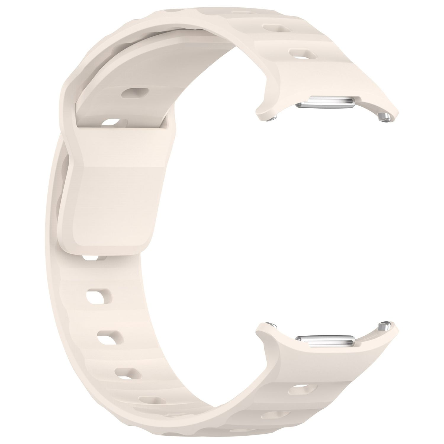 Cremefarbenes Uhrenarmband auf weißem Hintergrund, zeigt Schnalle und Armbanddetails.