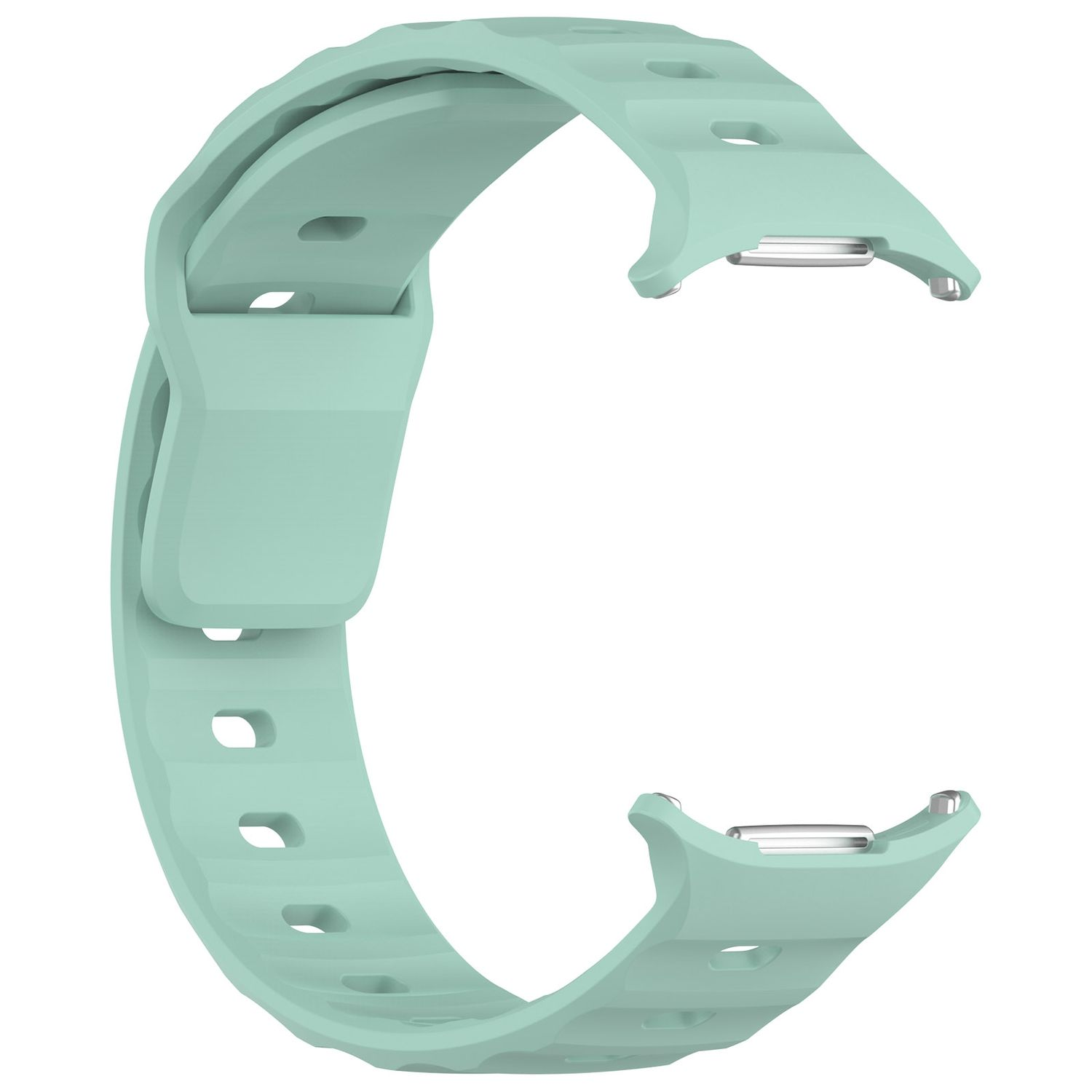 Hellblaues Smartwatch-Armband mit Verschluss. Es hat ein gebogenes Design und ist mintfarben.