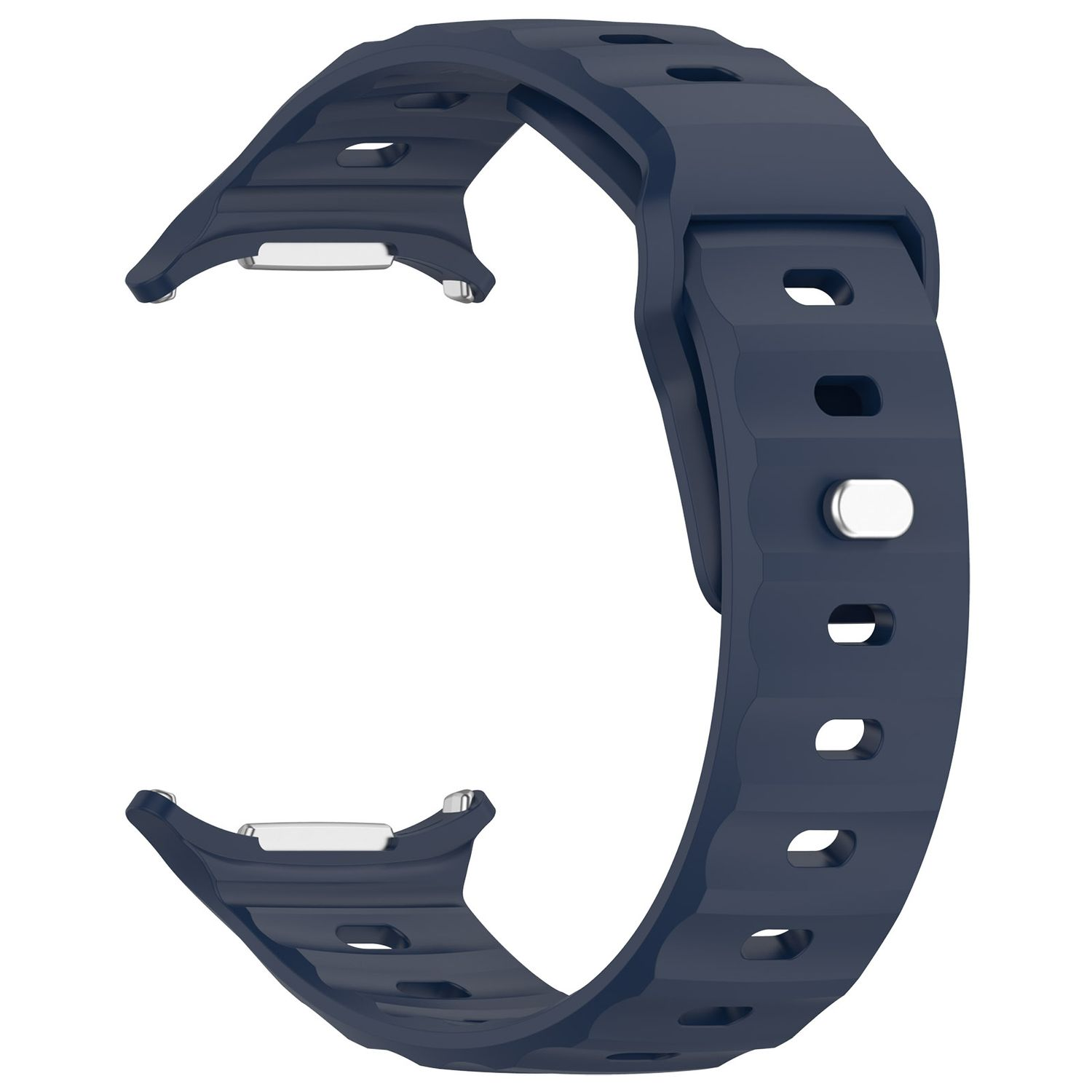 Ein marineblaues Uhrenarmband. Es besteht aus Silikon und hat Löcher und Linien.