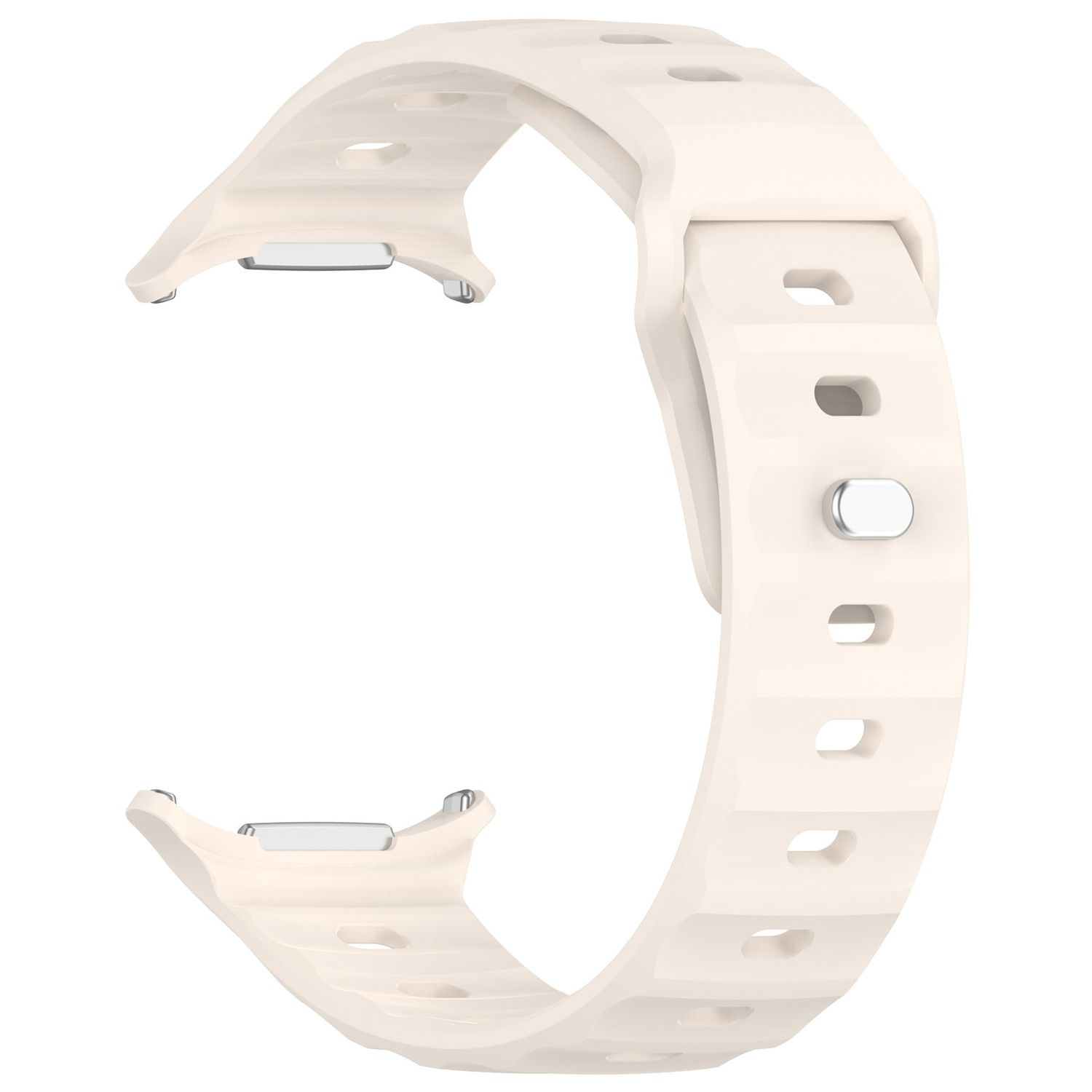 Elfenbeinfarbenes Smartwatch-Armband mit gerilltem Design und Metallanschluss.