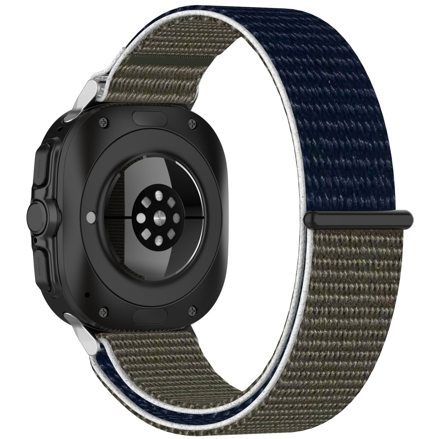 Schwarze Smartwatch mit grün-blauem Stoffarmband.