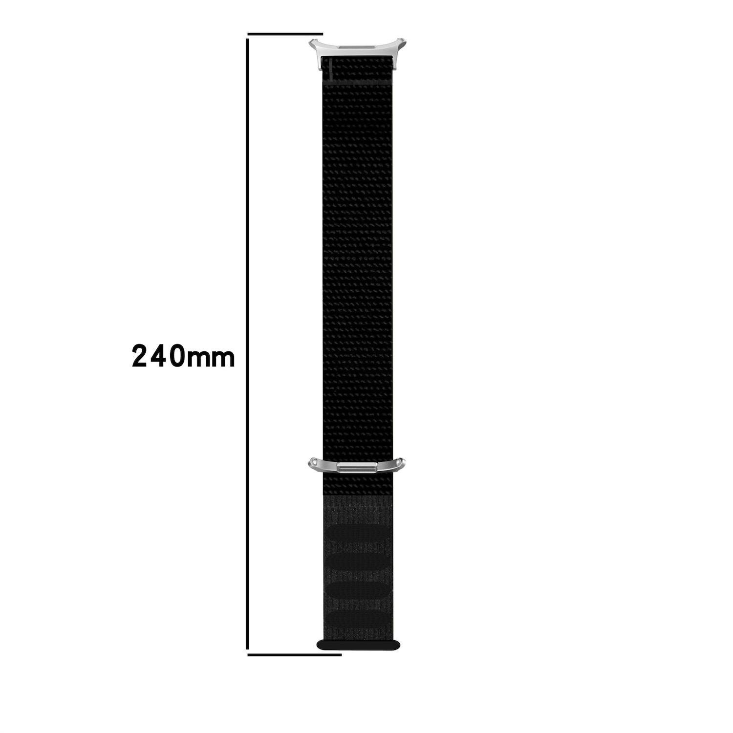 Schwarzes Uhrenarmband. Das Band ist lang und hat eine silberne Schließe. 240mm lang.