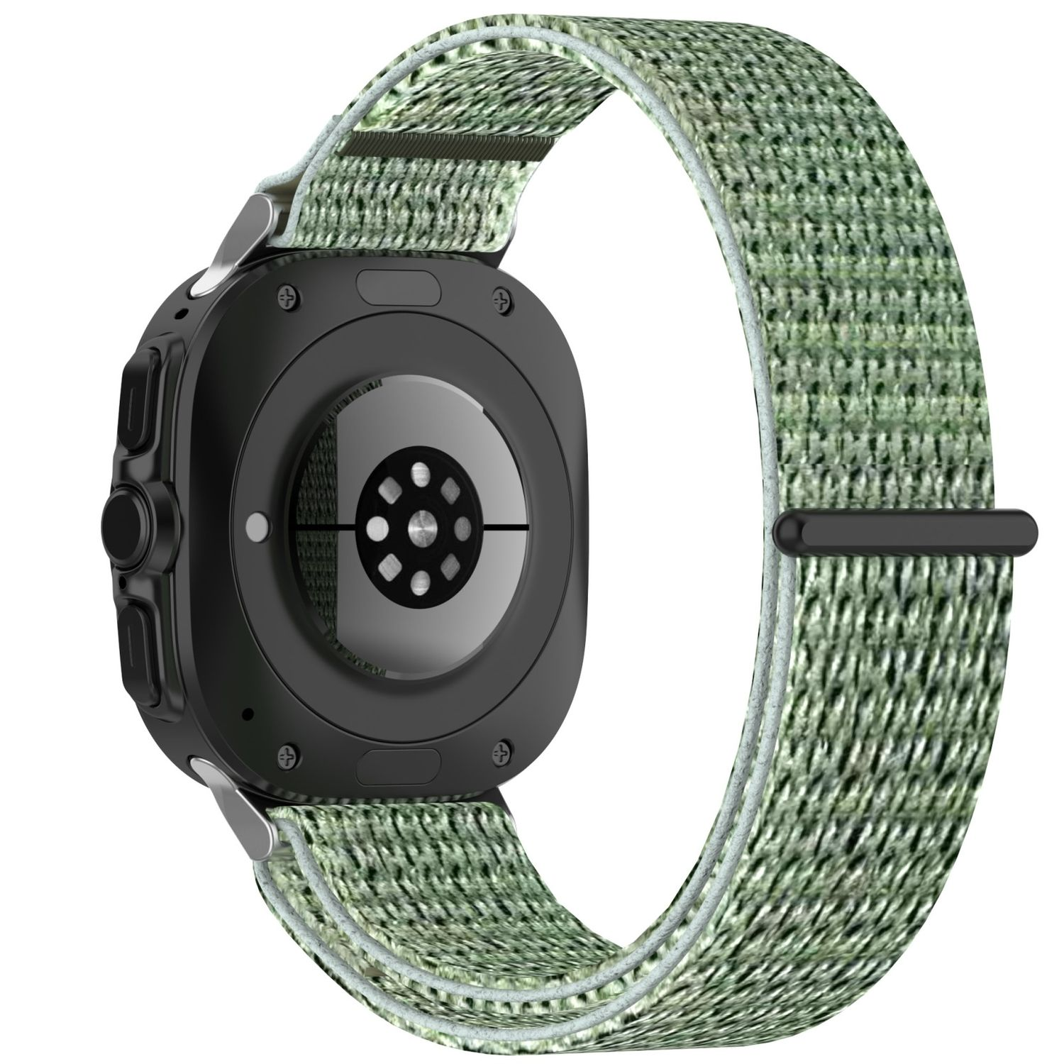 Schwarze Smartwatch mit grünem Stoffarmband. Rückseite der Uhr sichtbar.