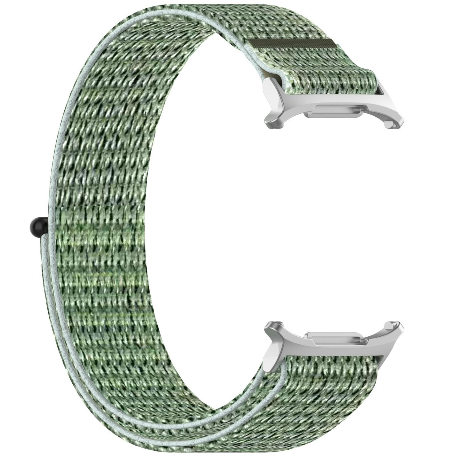 Ein grünes Uhrenarmband mit Metallschnallen. Es besteht aus einem strukturierten, gewebten Material.
